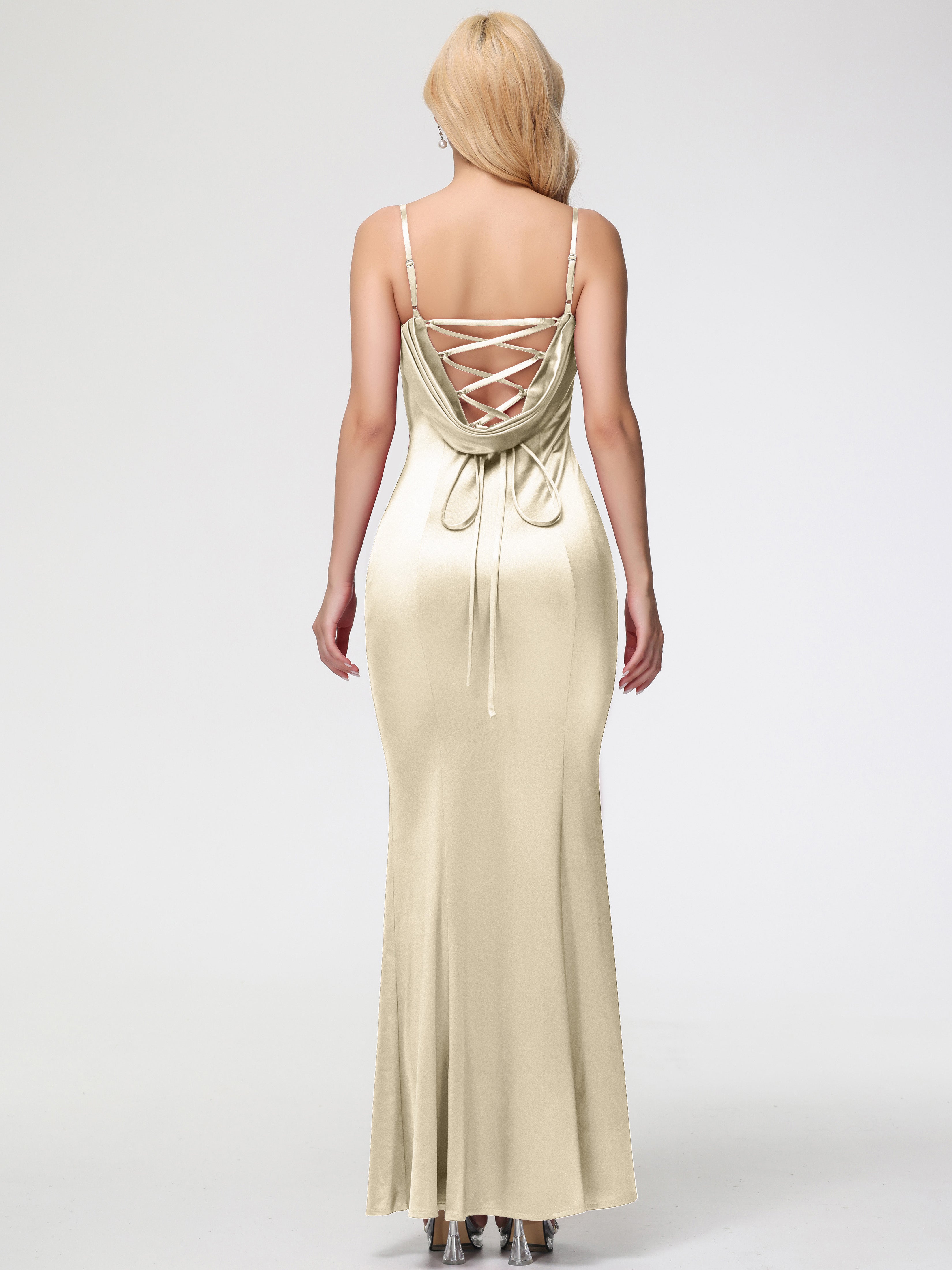 Robe Champagne Demoiselle D Honneur Bretelles Spaghetti Sirène Satin Extensible Robe De Demoiselle D'Honneur