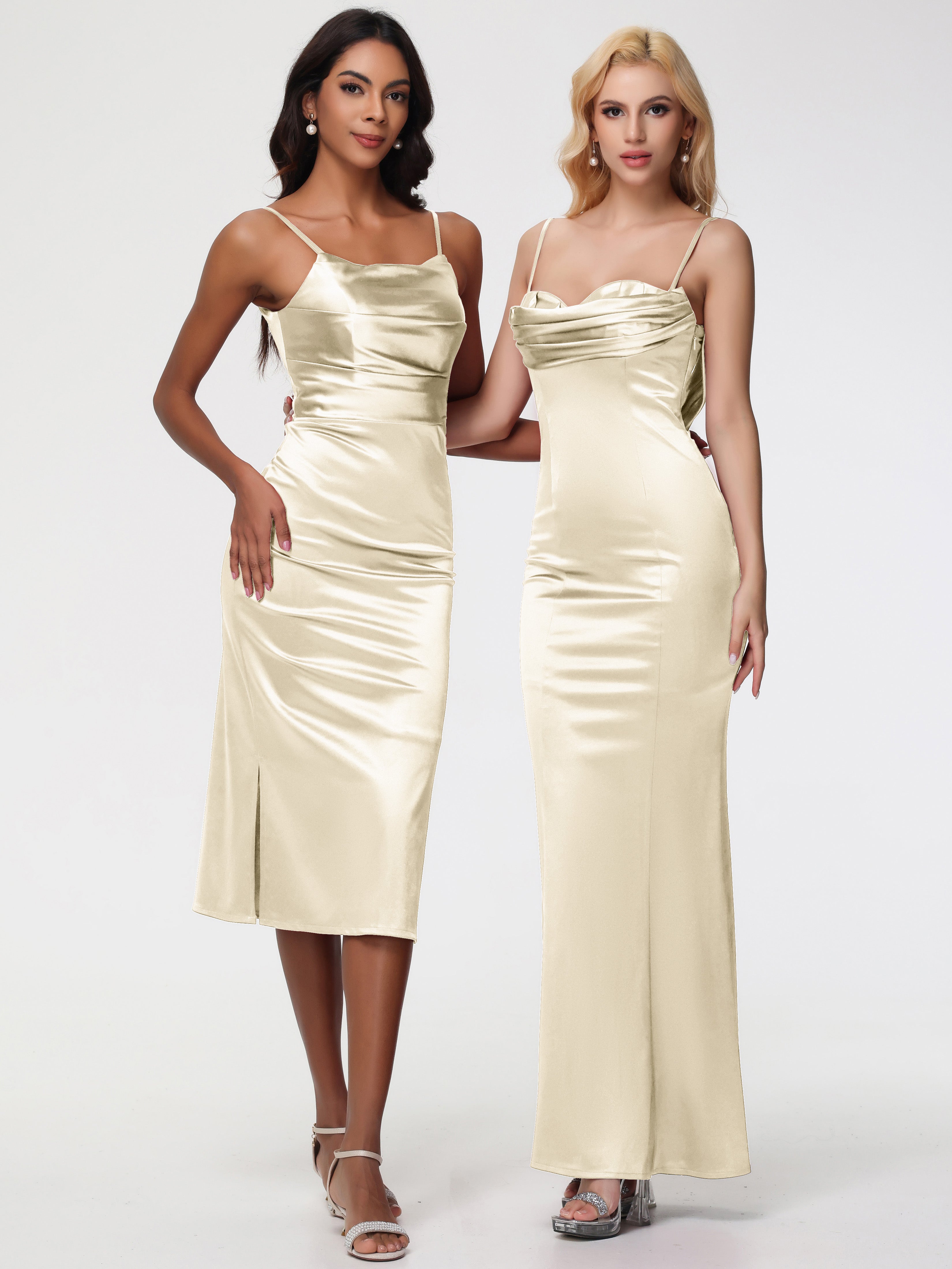 Robe Champagne Demoiselle D Honneur Bretelles Spaghetti Sirène Satin Extensible Robe De Demoiselle D'Honneur