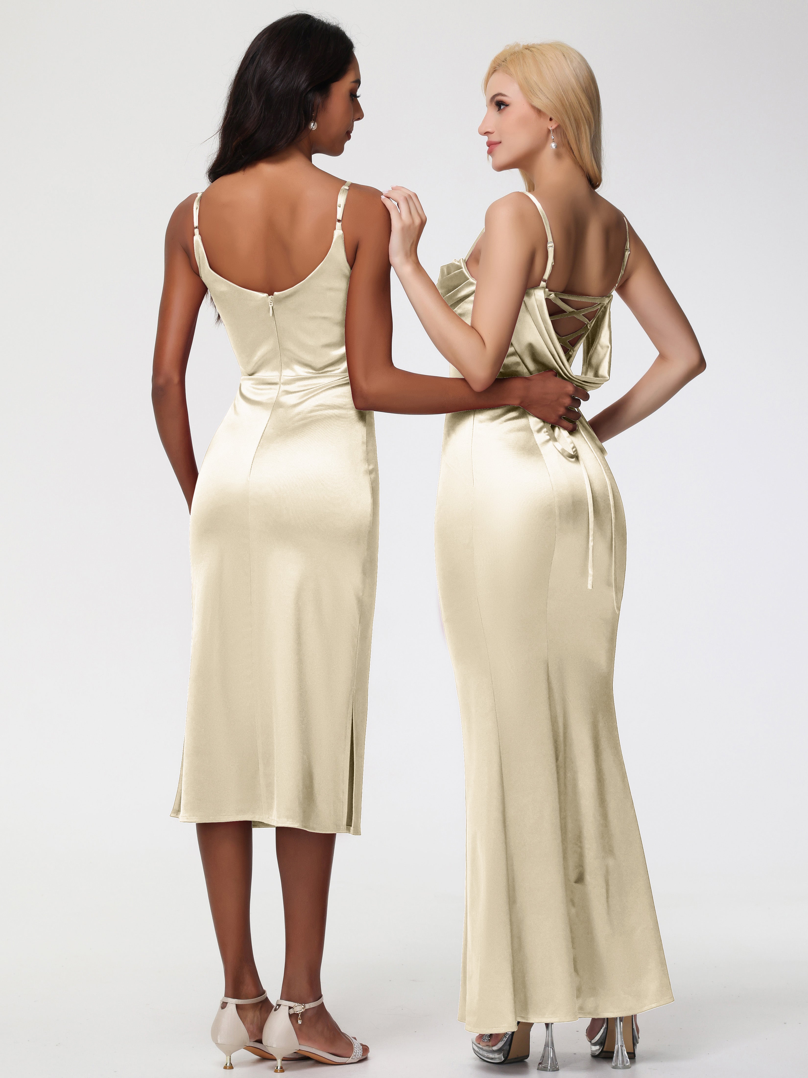 Robe Champagne Demoiselle D Honneur Bretelles Spaghetti Sirène Satin Extensible Robe De Demoiselle D'Honneur