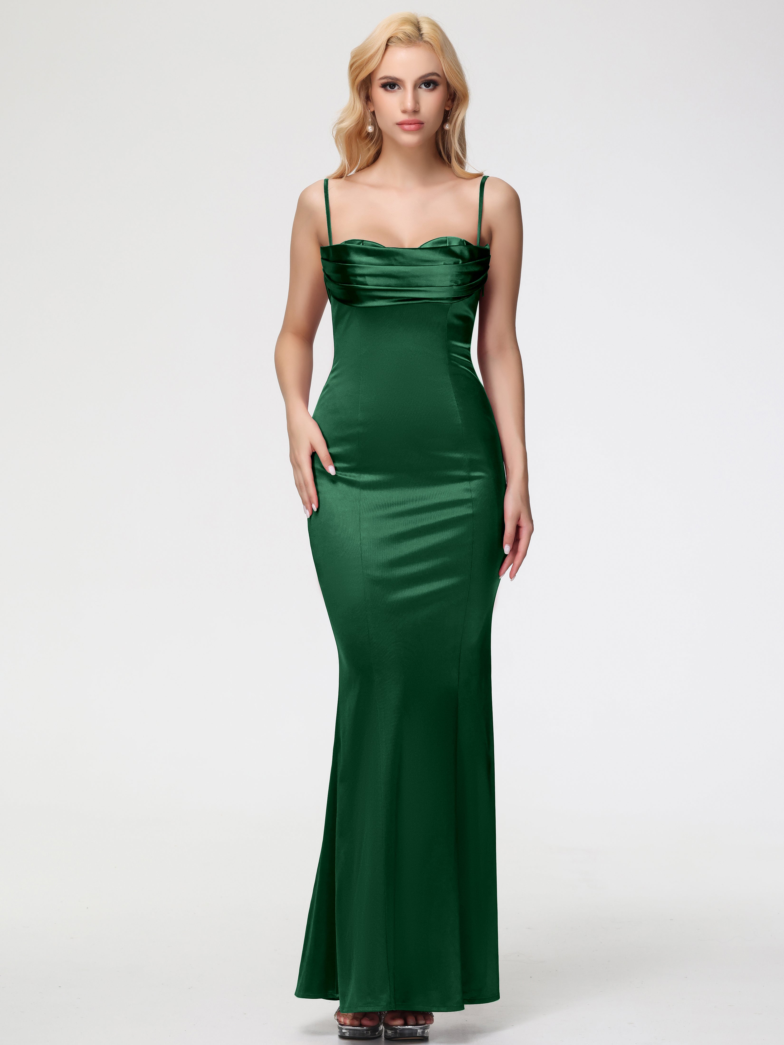 Robe Demoiselle D Honneur Vert Fonce Bretelles Spaghetti Sirène Satin Extensible Robe De Demoiselle D'Honneur