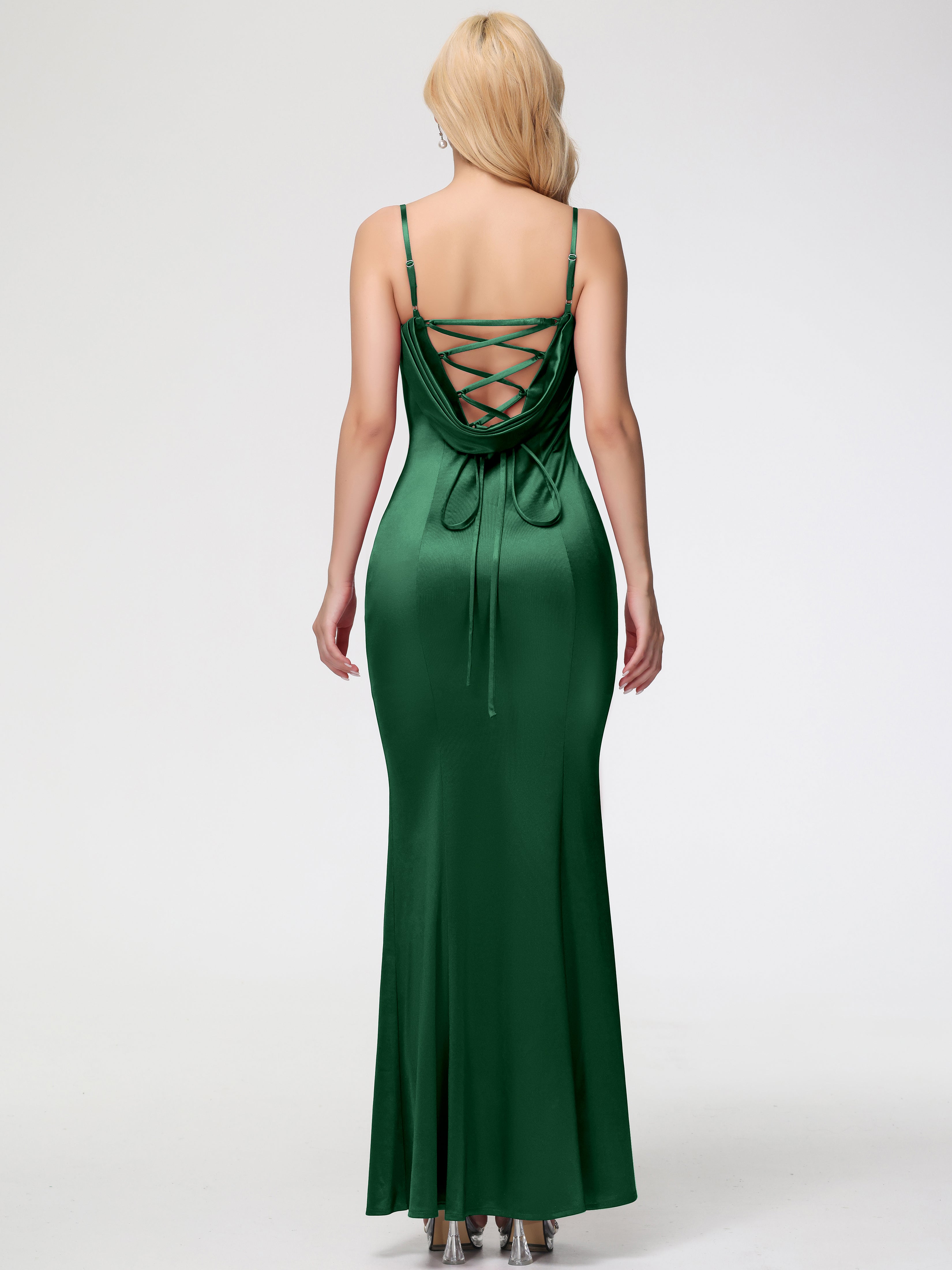 Robe Demoiselle D Honneur Vert Fonce Bretelles Spaghetti Sirène Satin Extensible Robe De Demoiselle D'Honneur