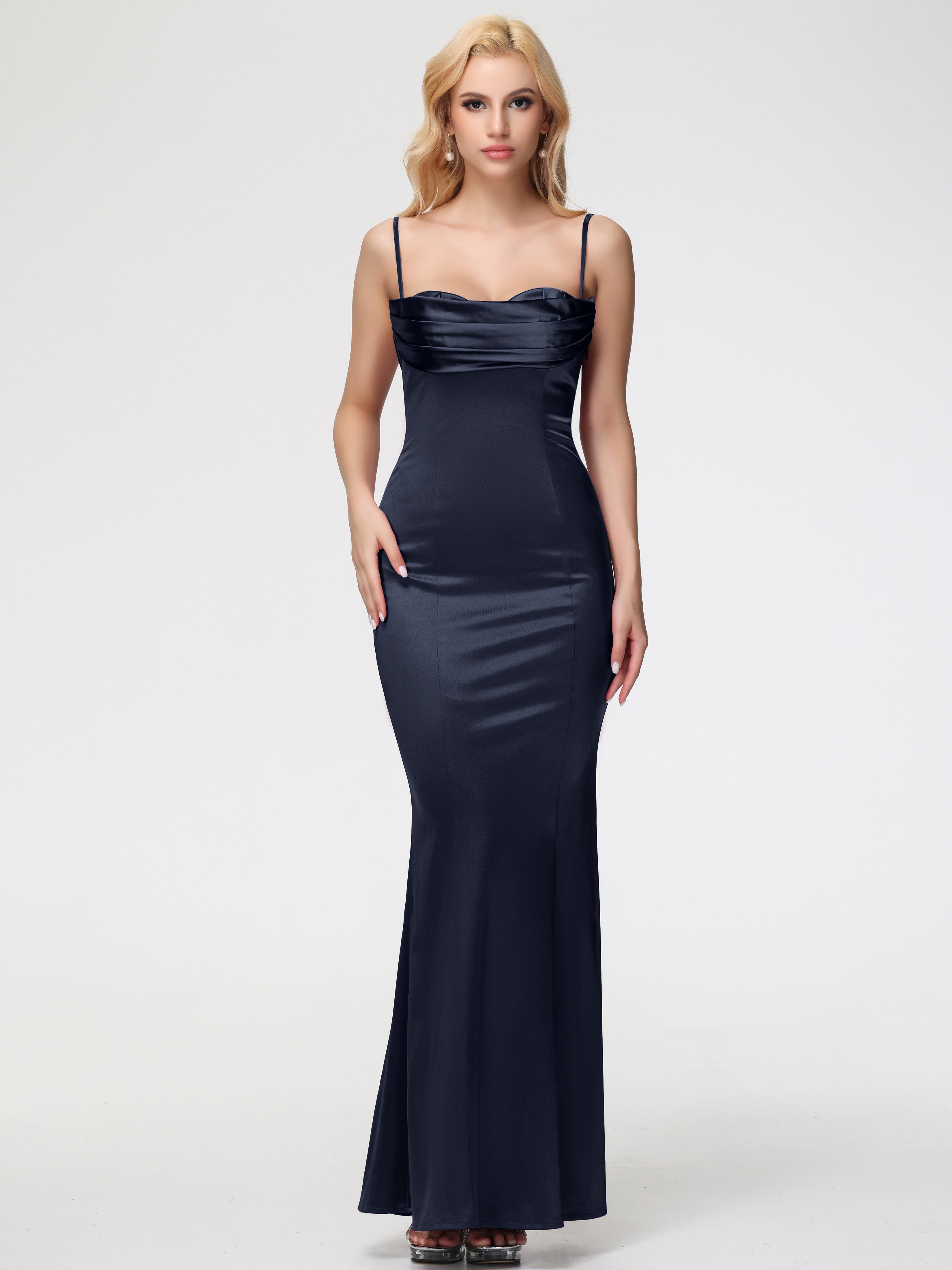 Robe Bleu Marine Demoiselle D Honneur Bretelles Spaghetti Sirène Satin Extensible Robe De Demoiselle D'Honneur