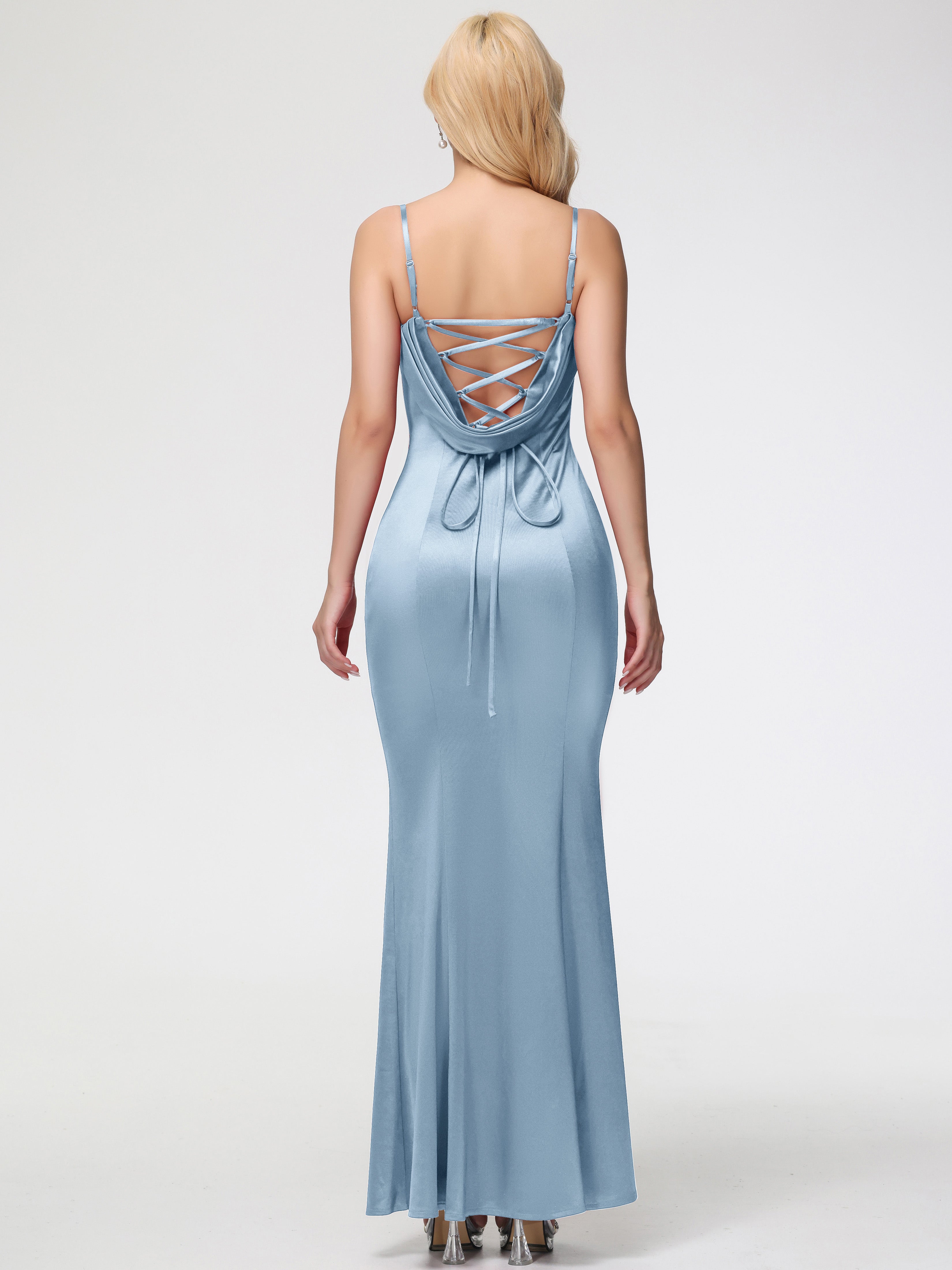 Robe Demoiselle D Honneur Bleu Poussiereux Bretelles Spaghetti Sirène Satin Extensible Robe De Demoiselle D'Honneur