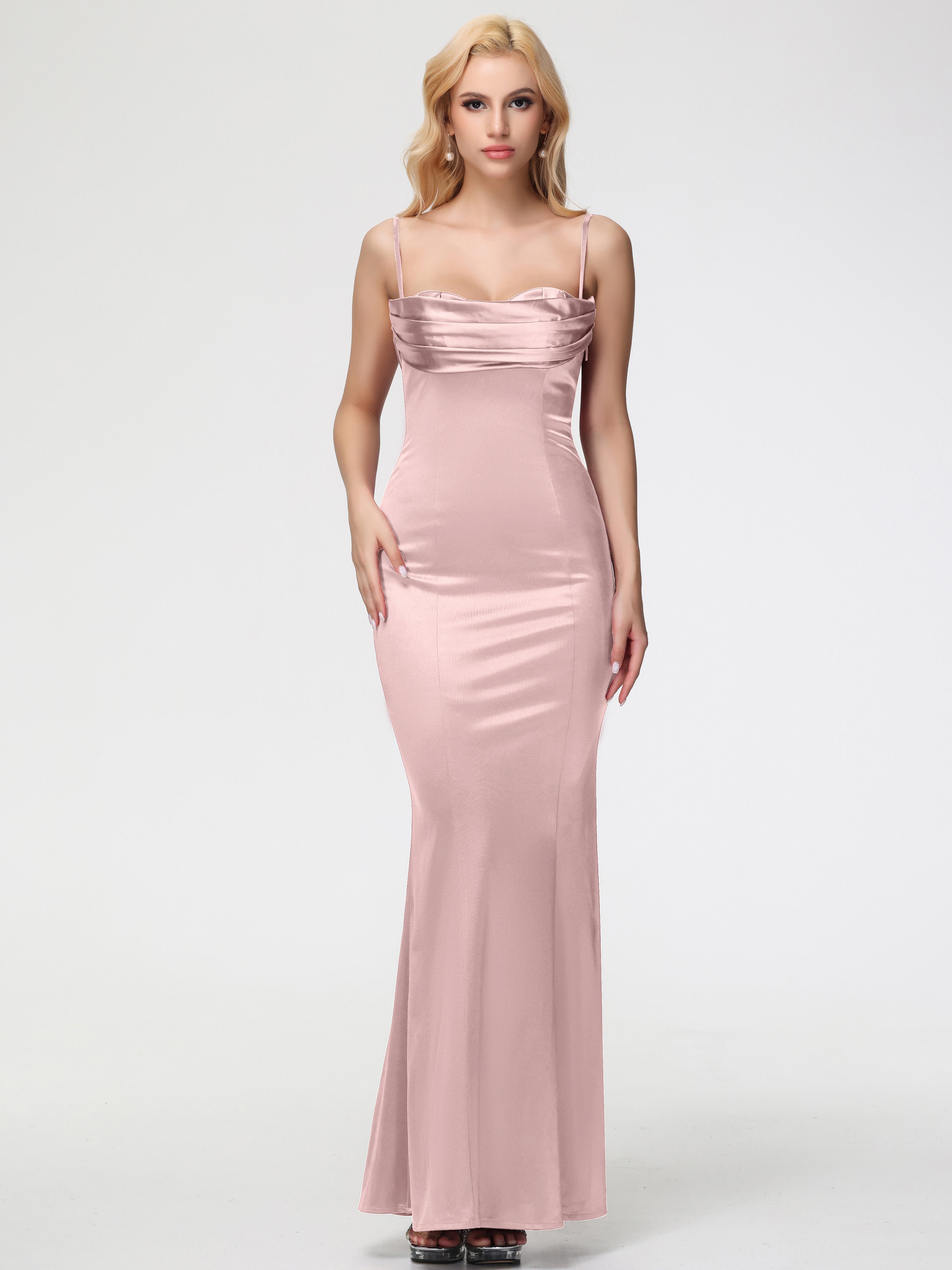 Robes De Demoiselle D'Honneur ROSE POUDRÉe Bon Marché Bretelles Spaghetti Sirène Satin Extensible Robe De Demoiselle D'Honneur