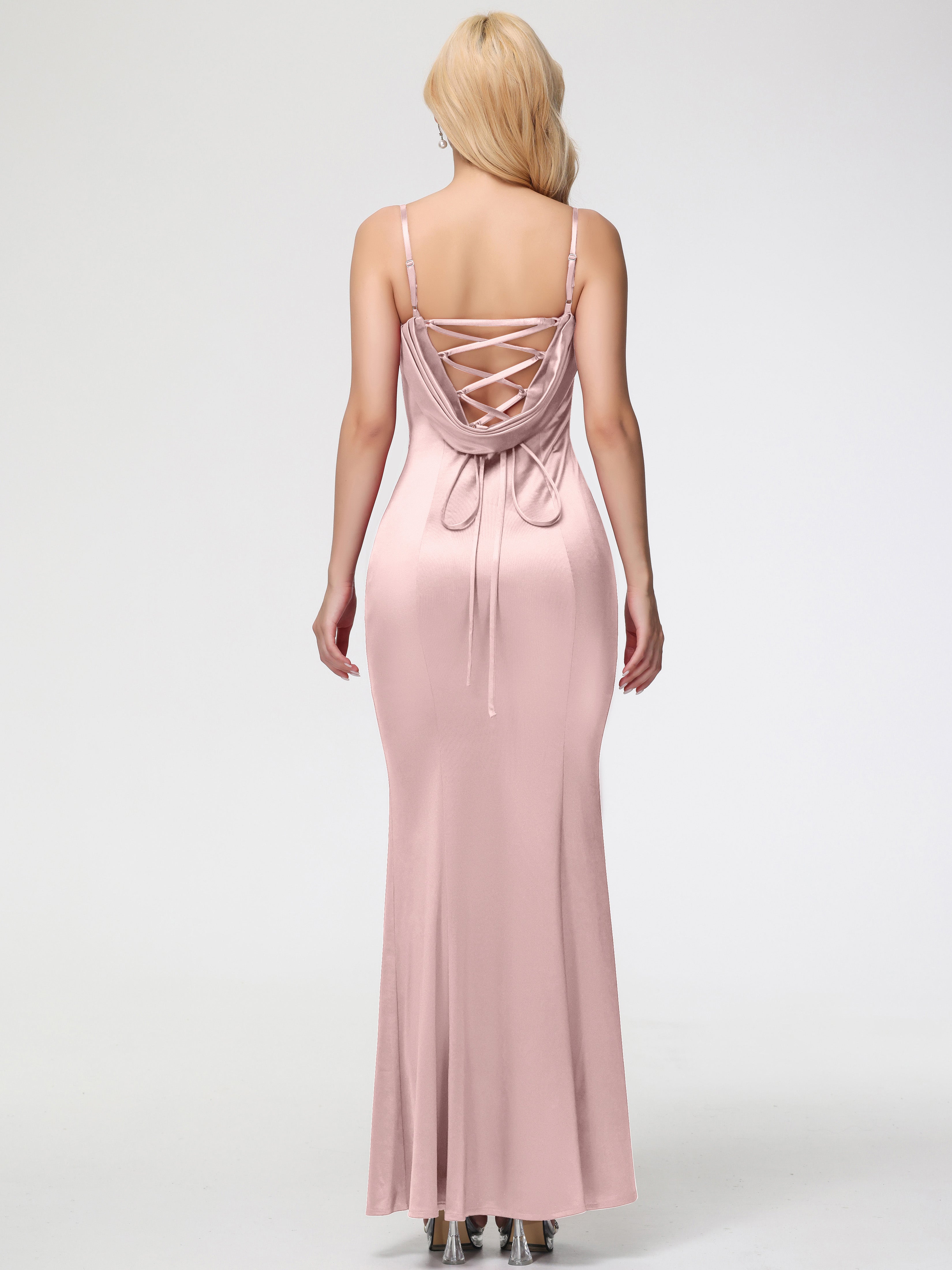 Robes De Demoiselle D'Honneur ROSE POUDRÉe Bon Marché Bretelles Spaghetti Sirène Satin Extensible Robe De Demoiselle D'Honneur