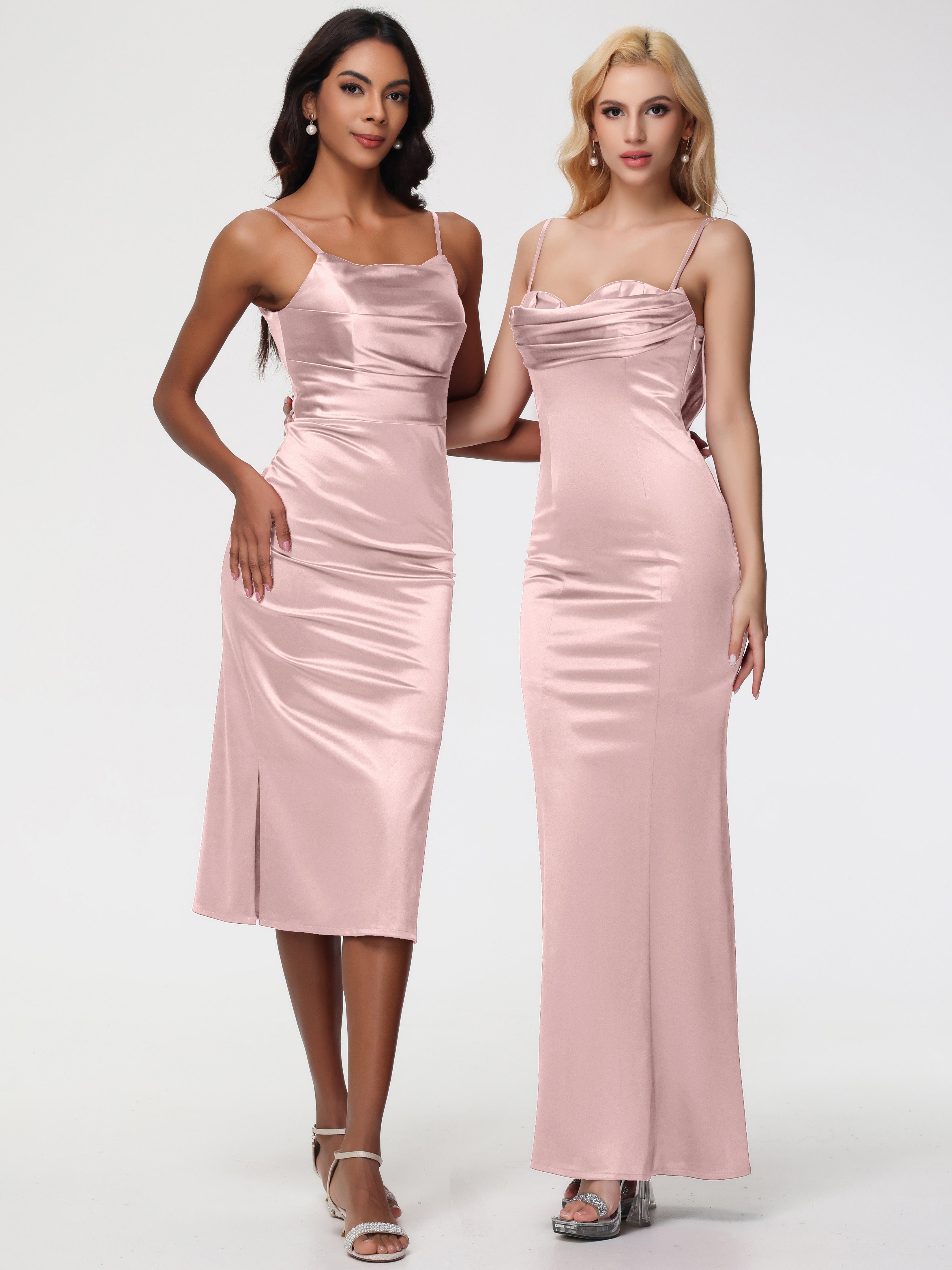Robes De Demoiselle D'Honneur ROSE POUDRÉe Bon Marché Bretelles Spaghetti Sirène Satin Extensible Robe De Demoiselle D'Honneur