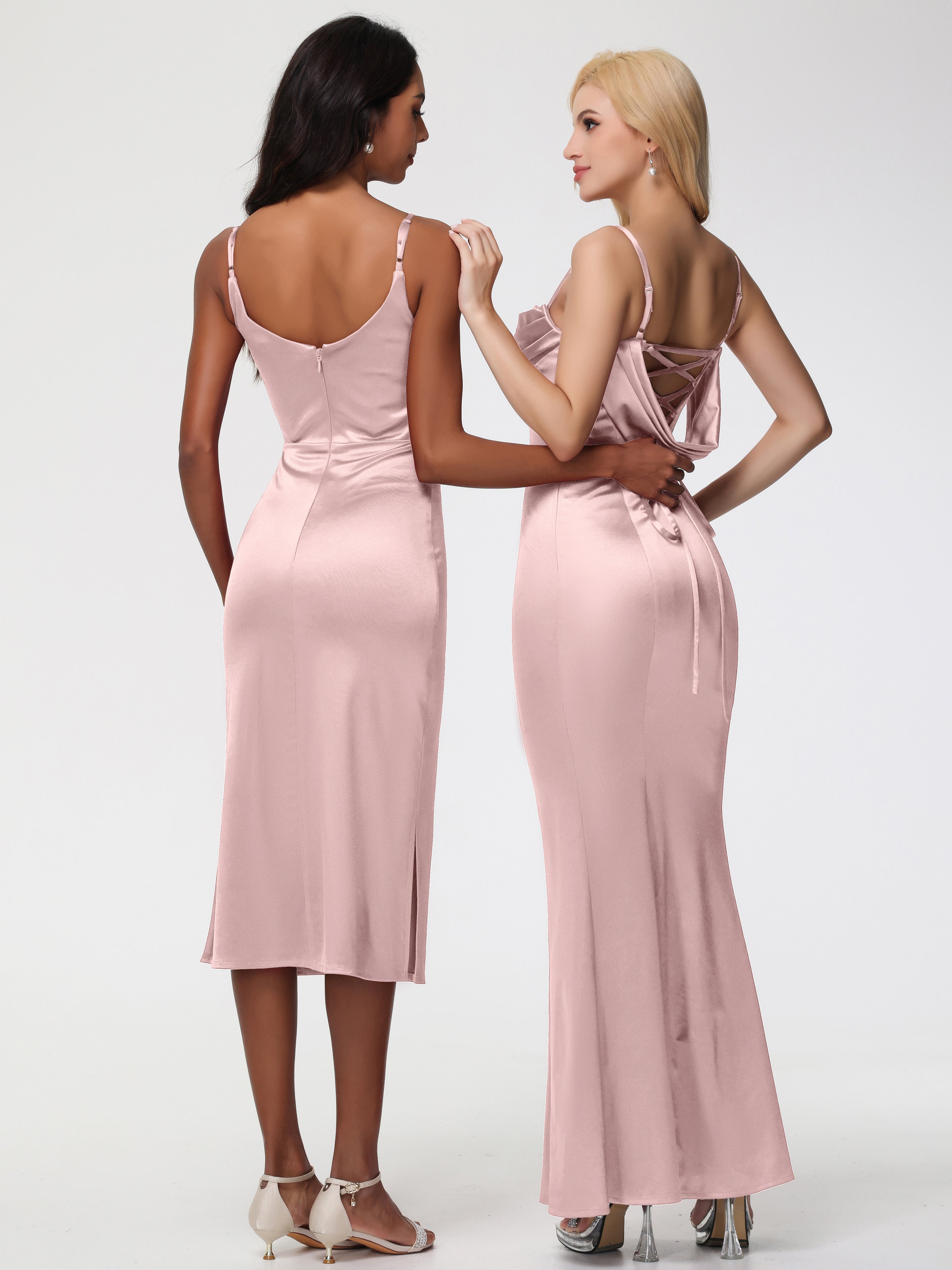 Robes De Demoiselle D'Honneur ROSE POUDRÉe Bon Marché Bretelles Spaghetti Sirène Satin Extensible Robe De Demoiselle D'Honneur