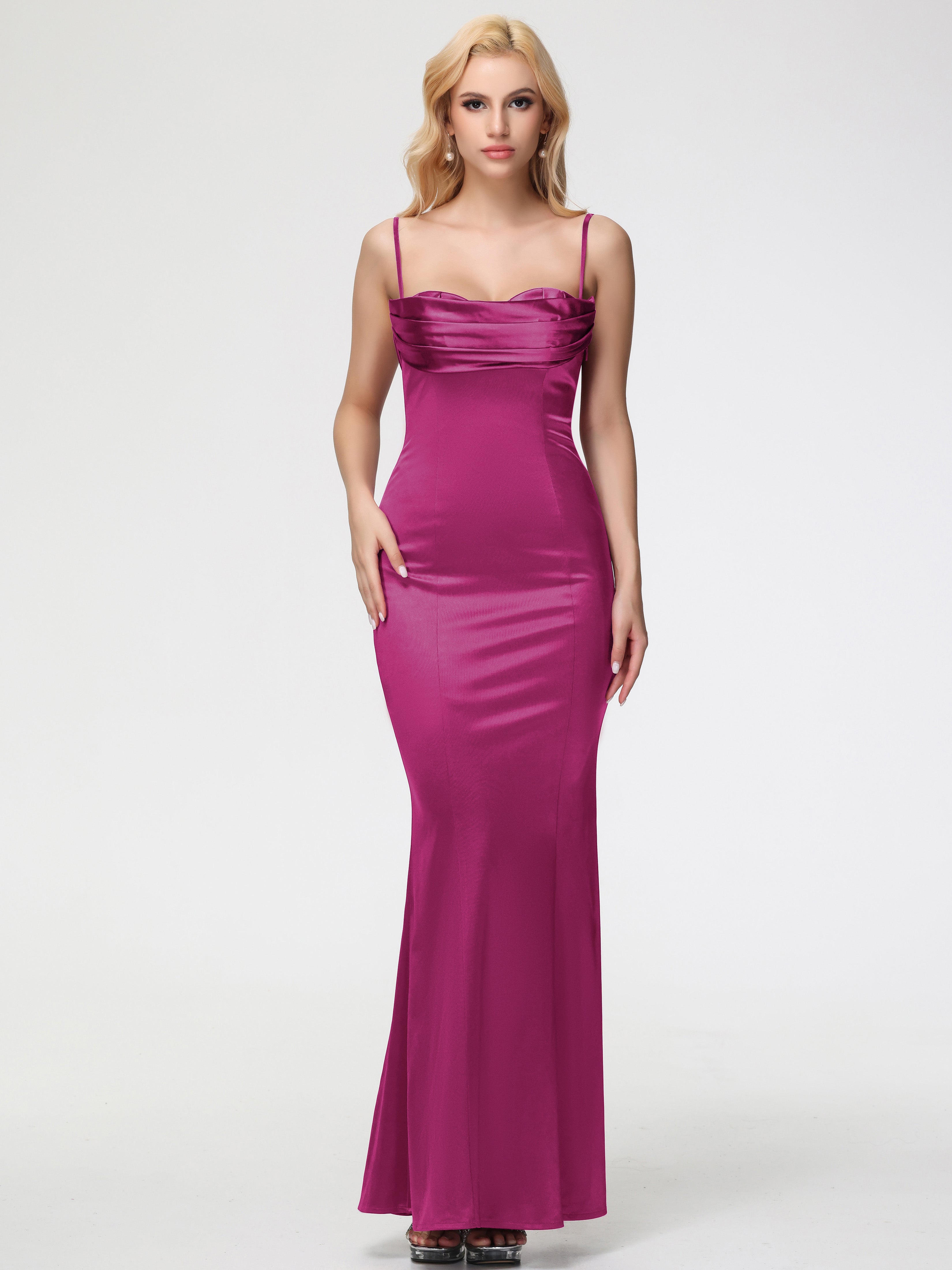 Robe Rose Fuchsia Demoiselle D Honneur Bretelles Spaghetti Sirène Satin Extensible Robe De Demoiselle D'Honneur