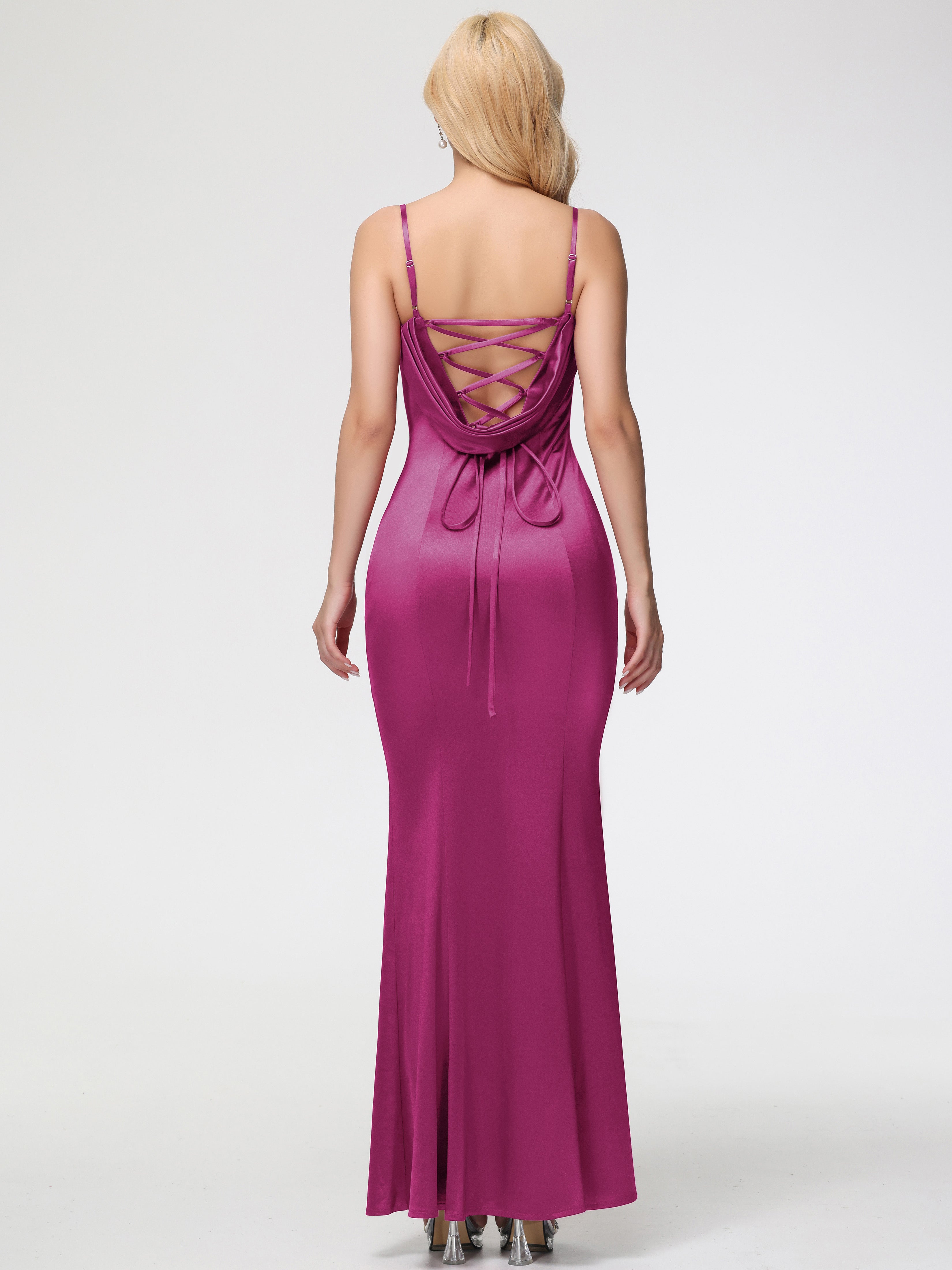 Robe Rose Fuchsia Demoiselle D Honneur Bretelles Spaghetti Sirène Satin Extensible Robe De Demoiselle D'Honneur