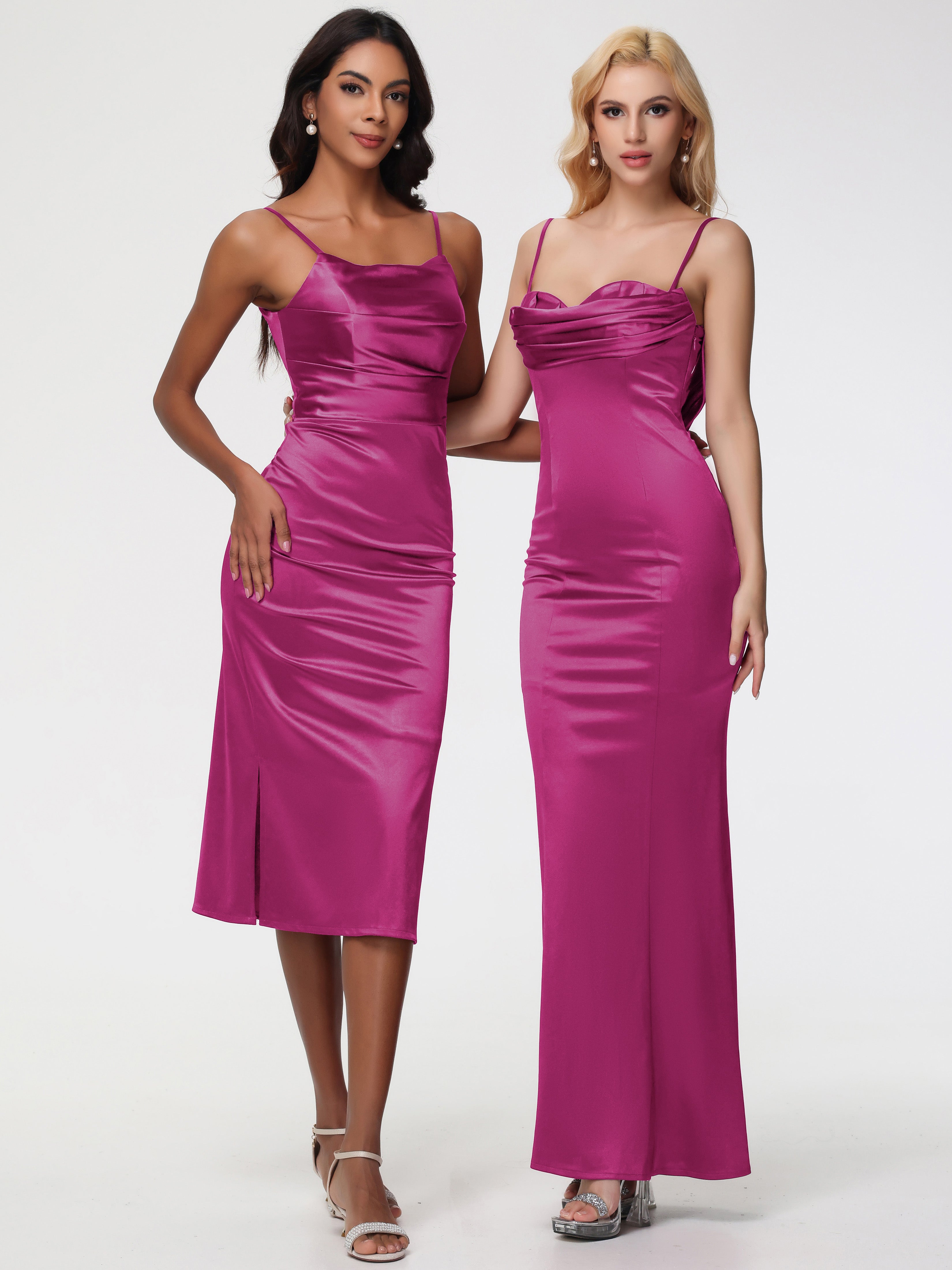 Robe Rose Fuchsia Demoiselle D Honneur Bretelles Spaghetti Sirène Satin Extensible Robe De Demoiselle D'Honneur