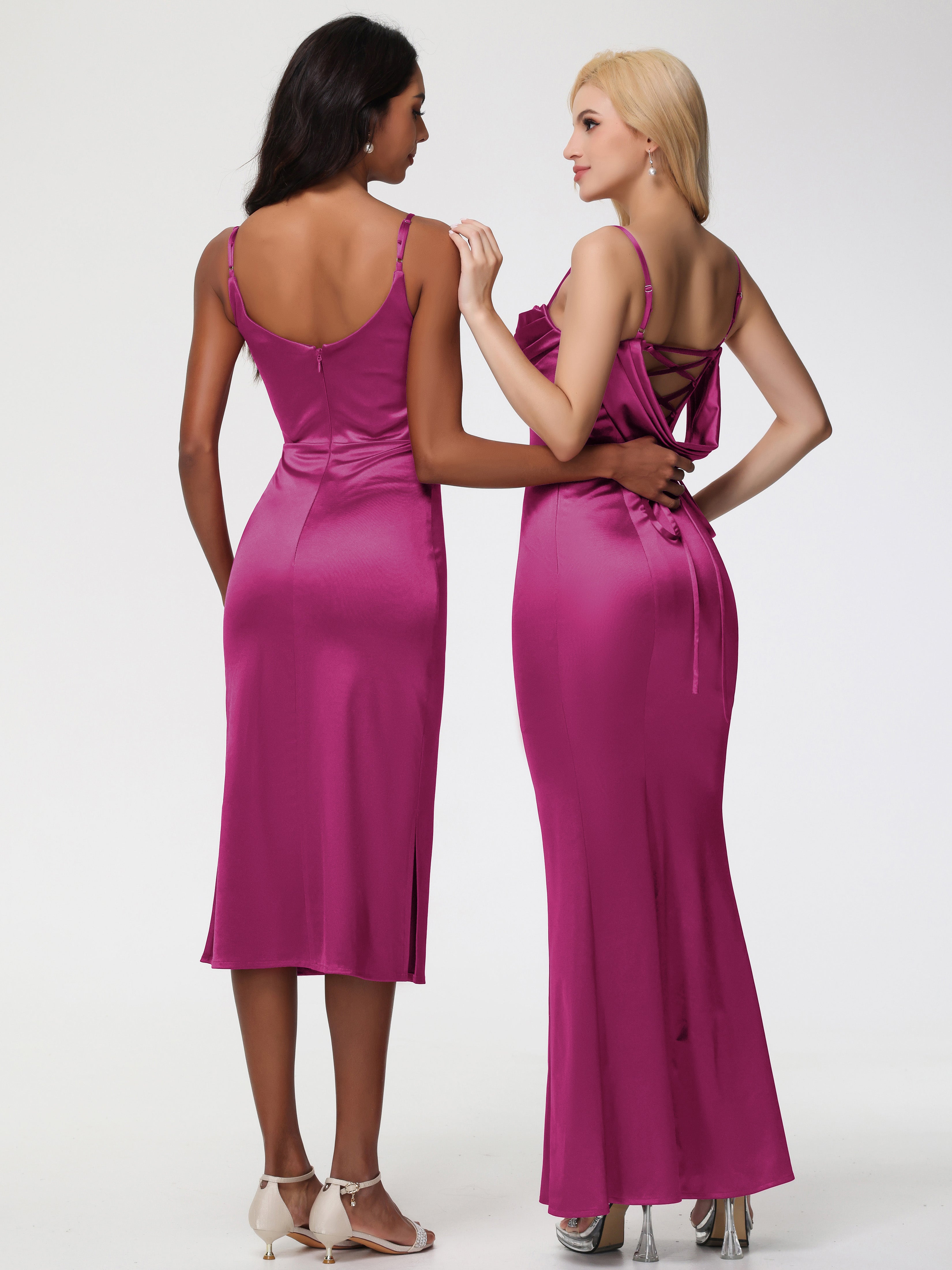 Robe Rose Fuchsia Demoiselle D Honneur Bretelles Spaghetti Sirène Satin Extensible Robe De Demoiselle D'Honneur