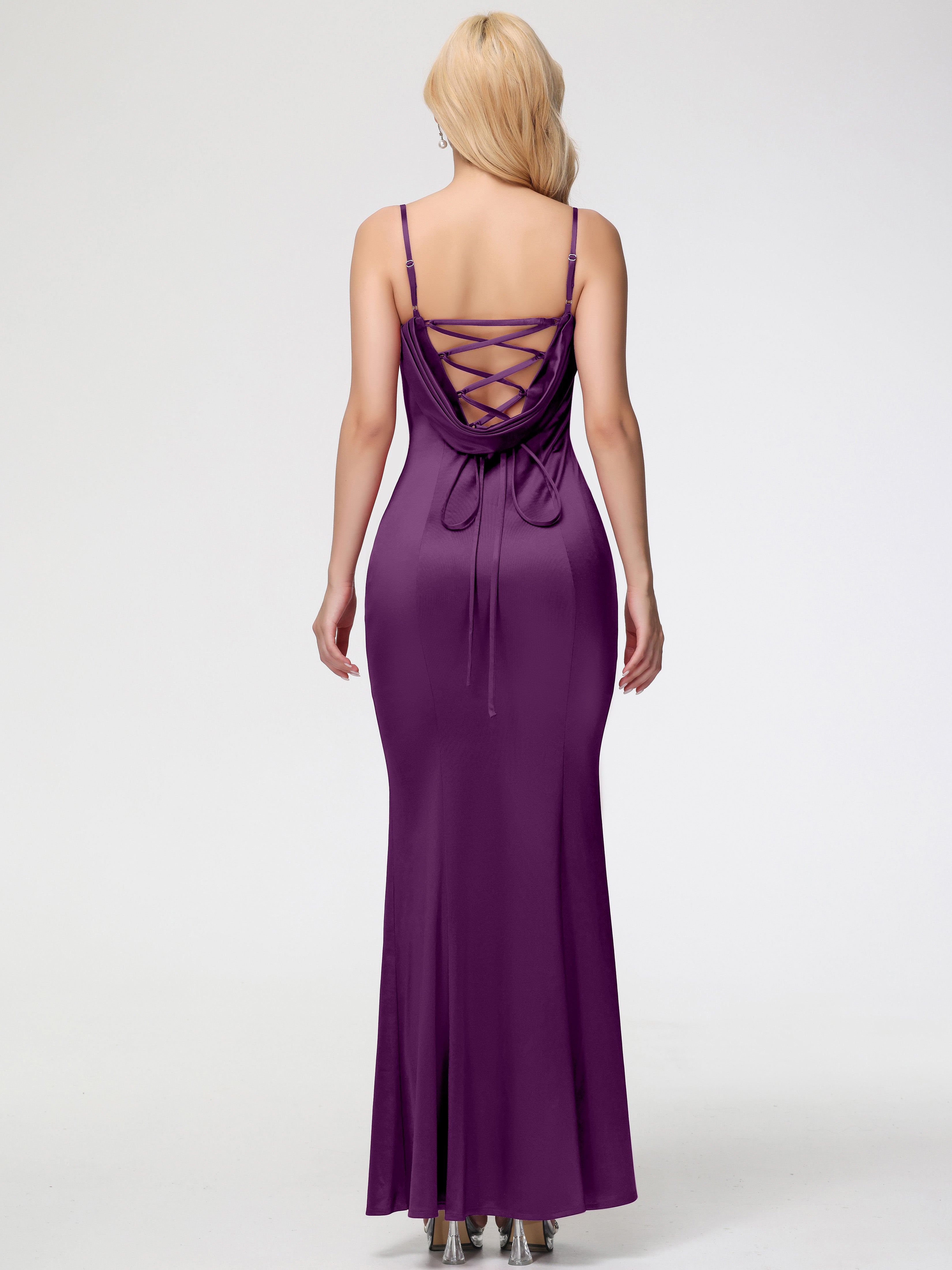 Robes De Demoiselle D'Honneur Raisin Bretelles Spaghetti Sirène Satin Extensible Robe De Demoiselle D'Honneur