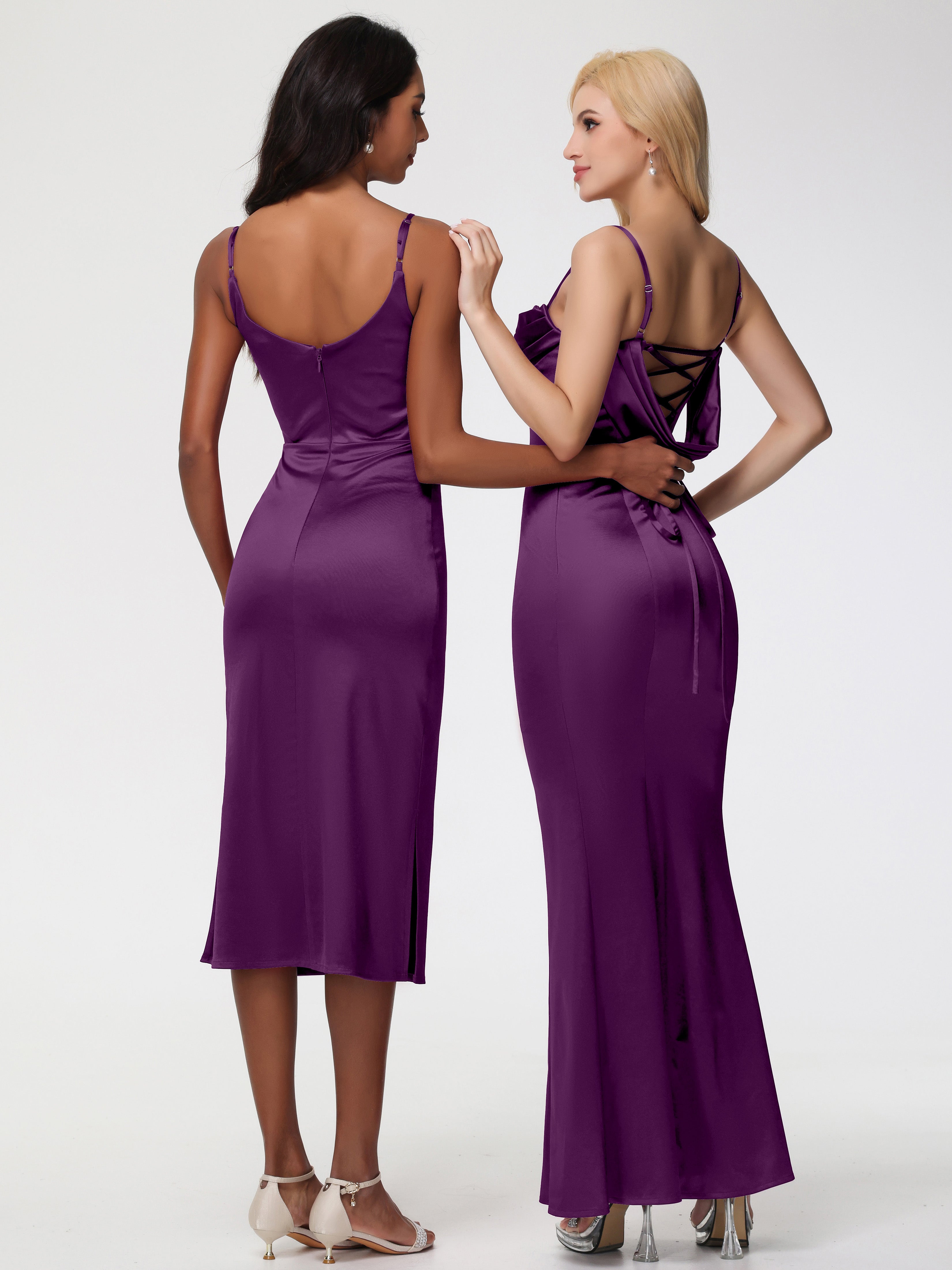 Robes De Demoiselle D'Honneur Raisin Bretelles Spaghetti Sirène Satin Extensible Robe De Demoiselle D'Honneur