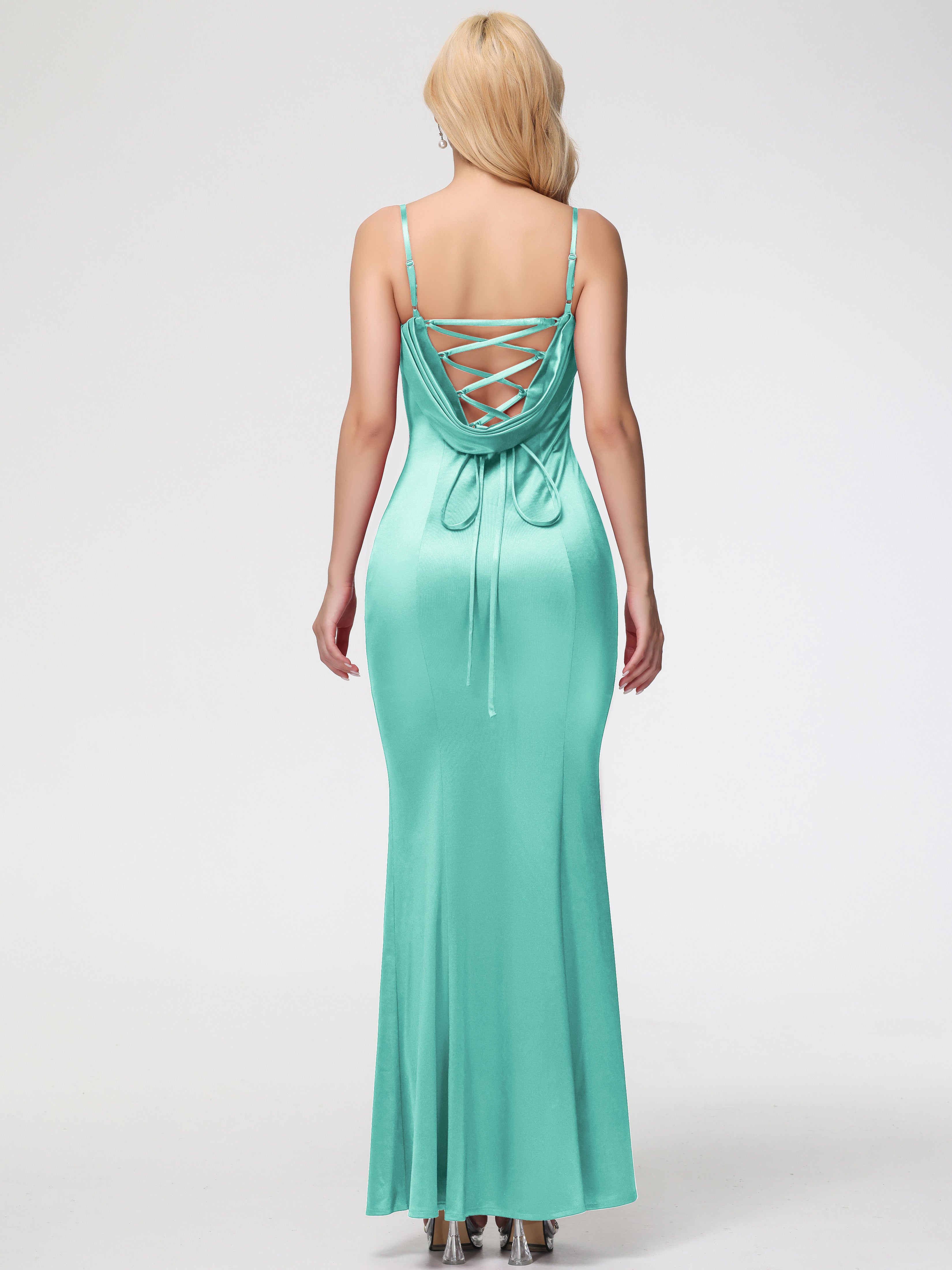 Robe Vert Menthe Demoiselle D Honneur Bretelles Spaghetti Sirène Satin Extensible Robe De Demoiselle D'Honneur