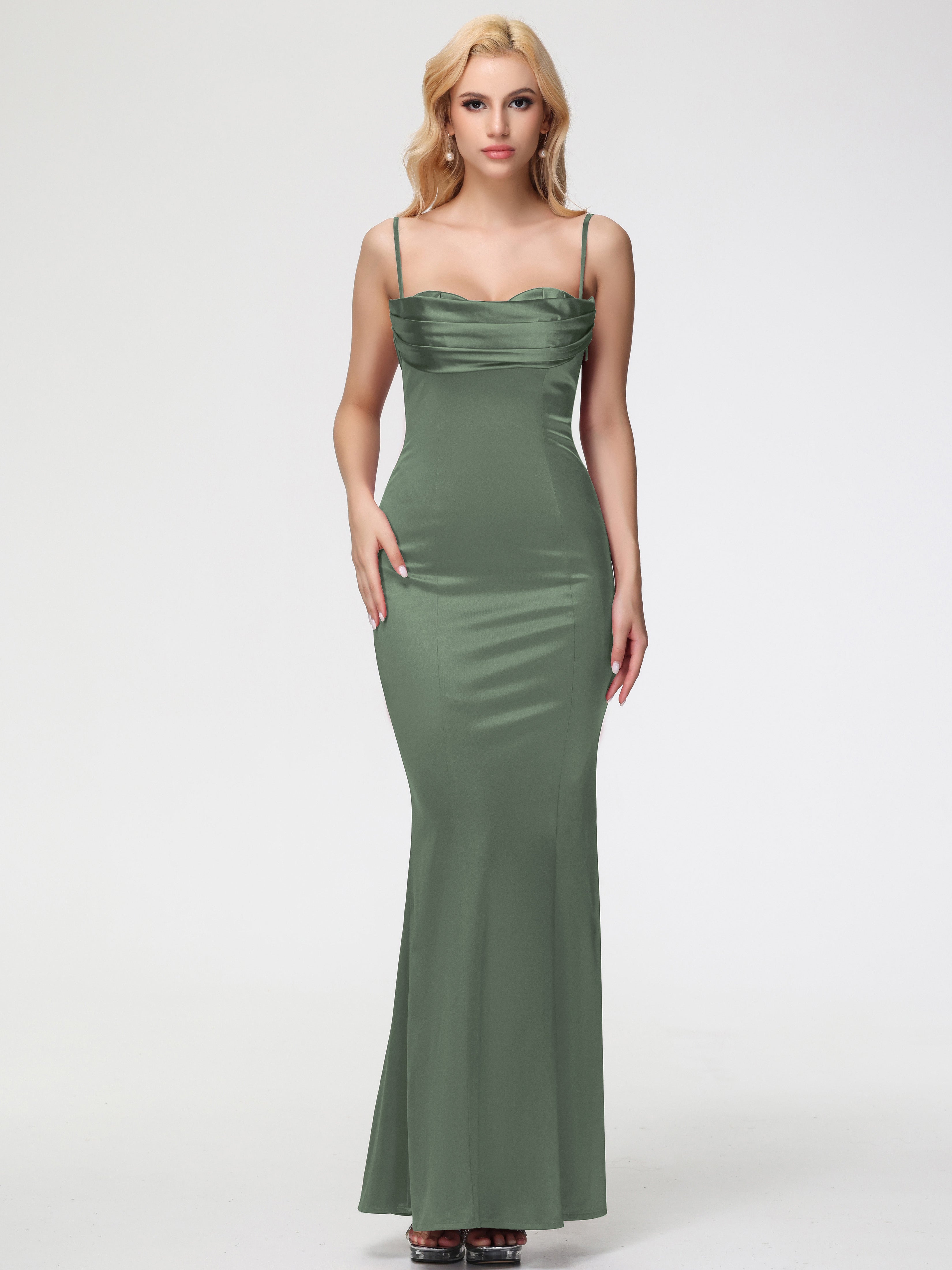 Robe Demoiselle D Honneur Olive Bretelles Spaghetti Sirène Satin Extensible Robe De Demoiselle D'Honneur