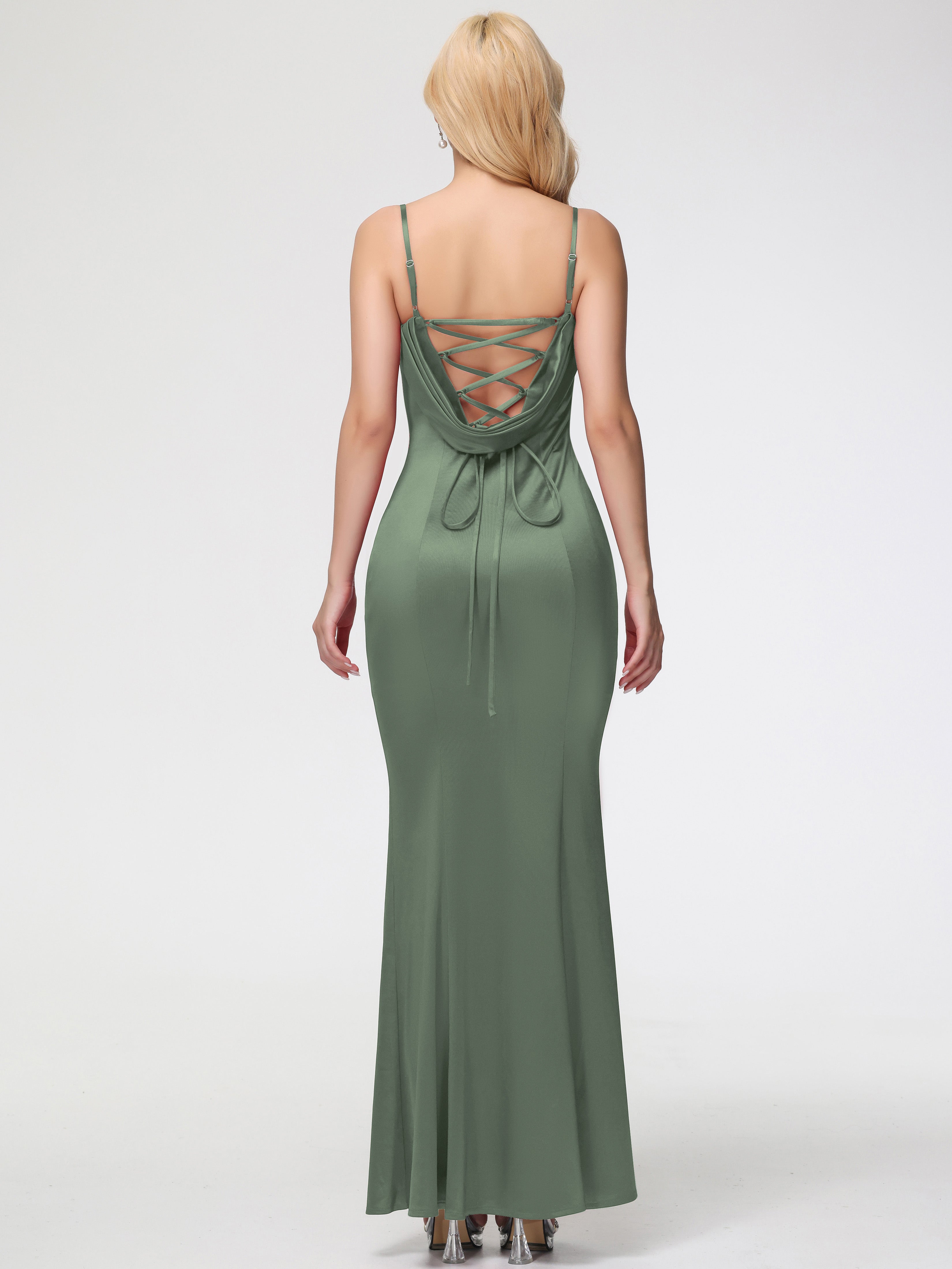 Robe Demoiselle D Honneur Olive Bretelles Spaghetti Sirène Satin Extensible Robe De Demoiselle D'Honneur