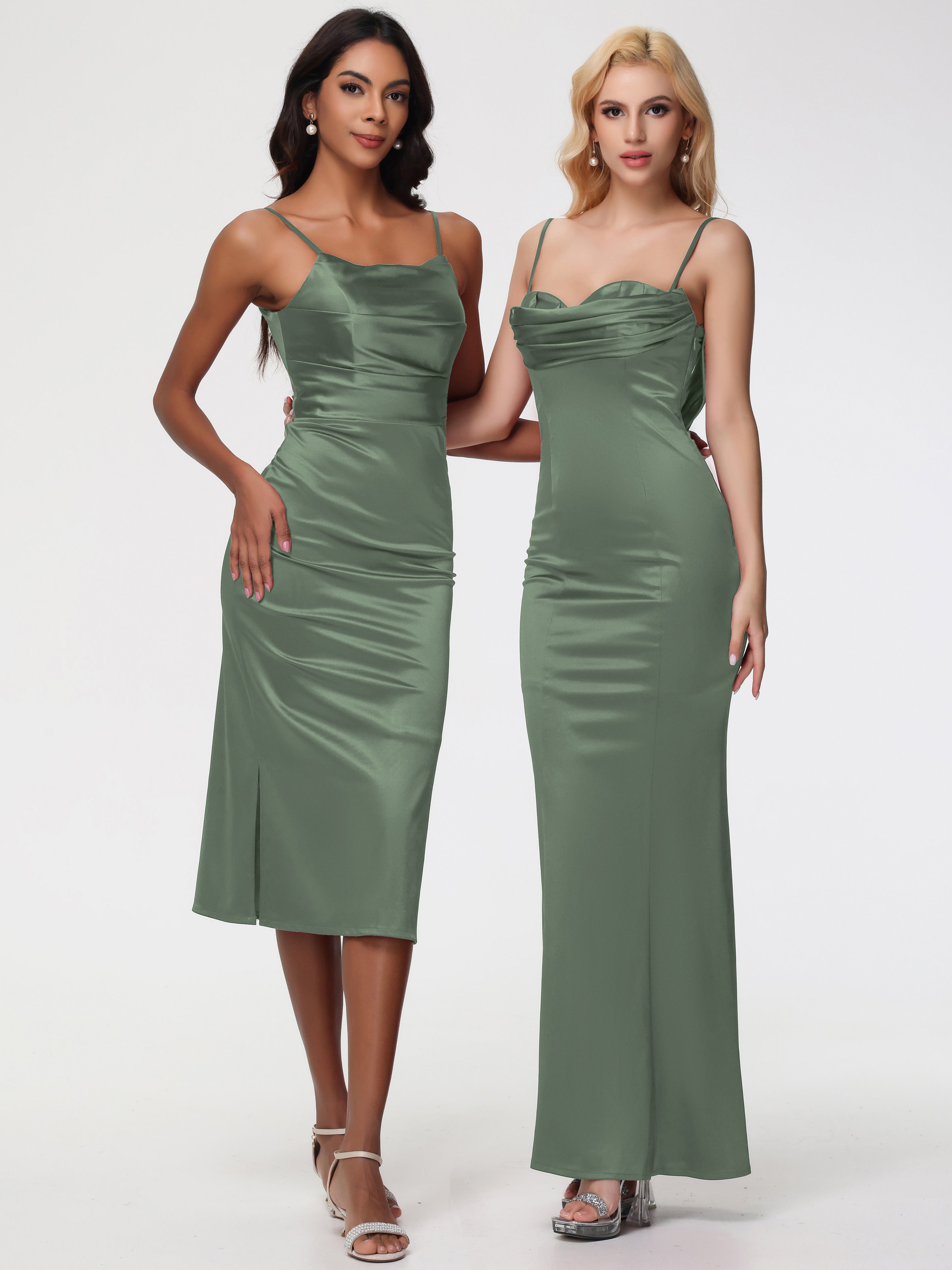 Robe Demoiselle D Honneur Olive Bretelles Spaghetti Sirène Satin Extensible Robe De Demoiselle D'Honneur