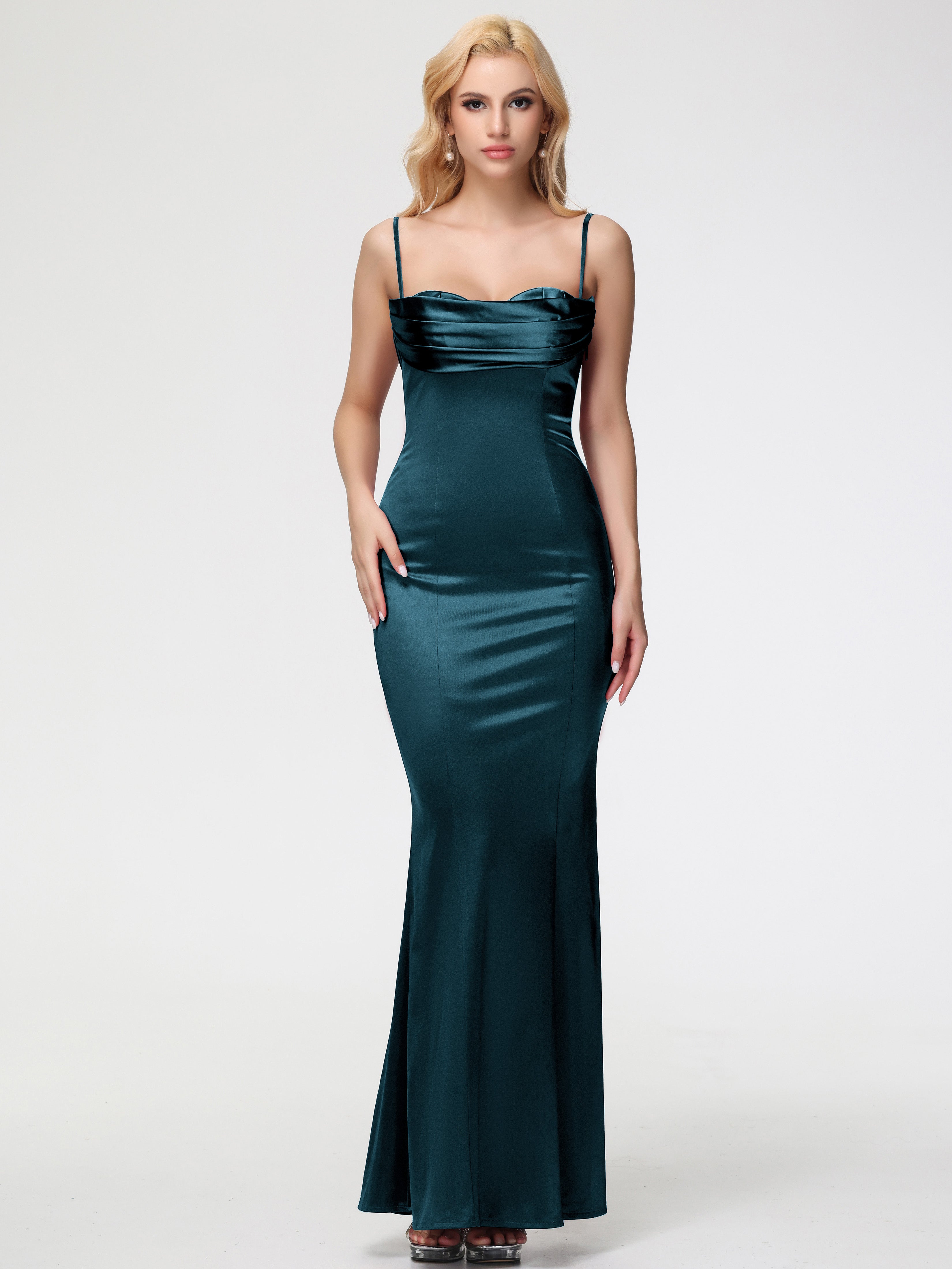 Robe Demoiselle D Honneur Bleu Paon Bretelles Spaghetti Sirène Satin Extensible Robe De Demoiselle D'Honneur