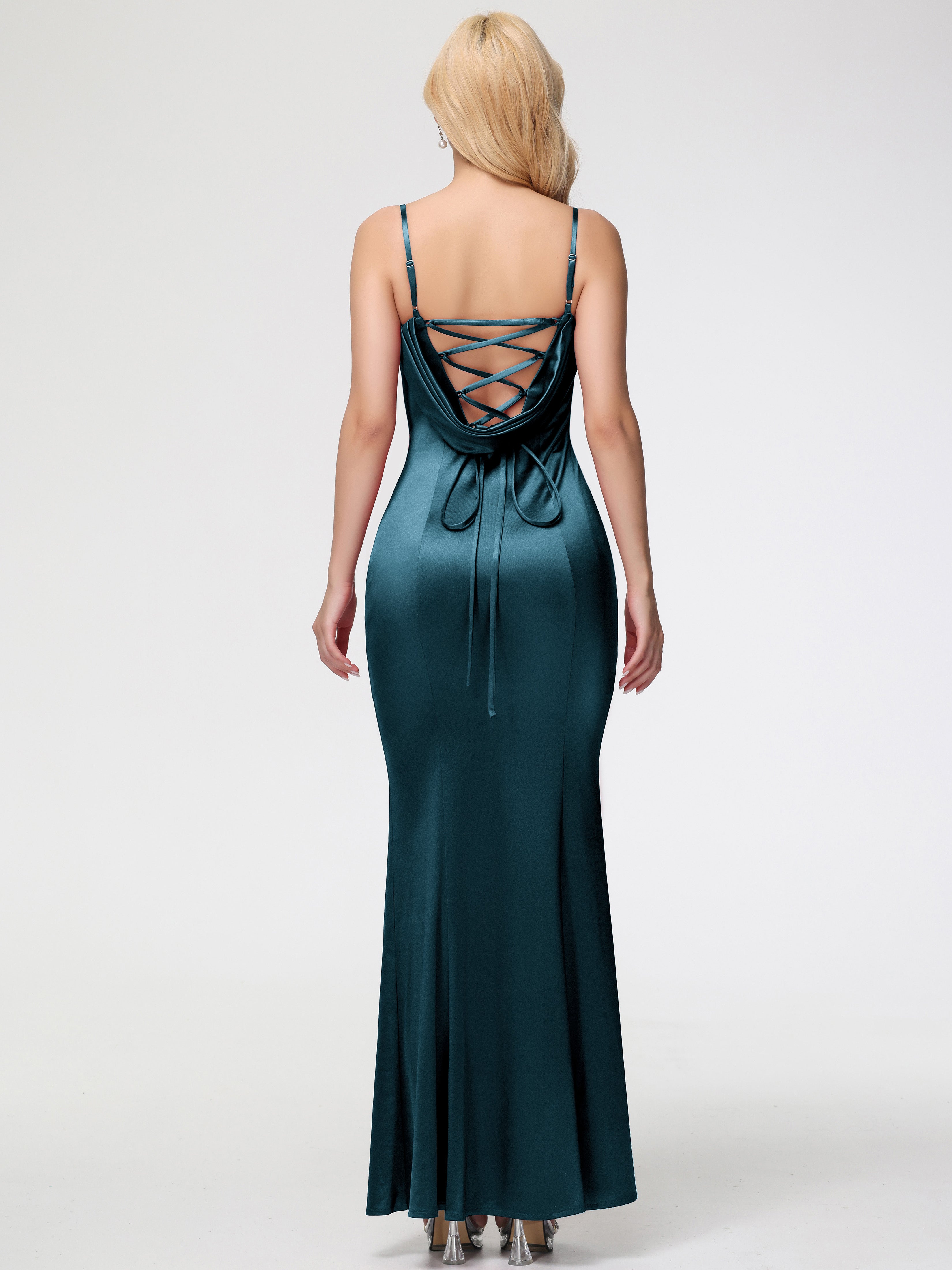 Robe Demoiselle D Honneur Bleu Paon Bretelles Spaghetti Sirène Satin Extensible Robe De Demoiselle D'Honneur