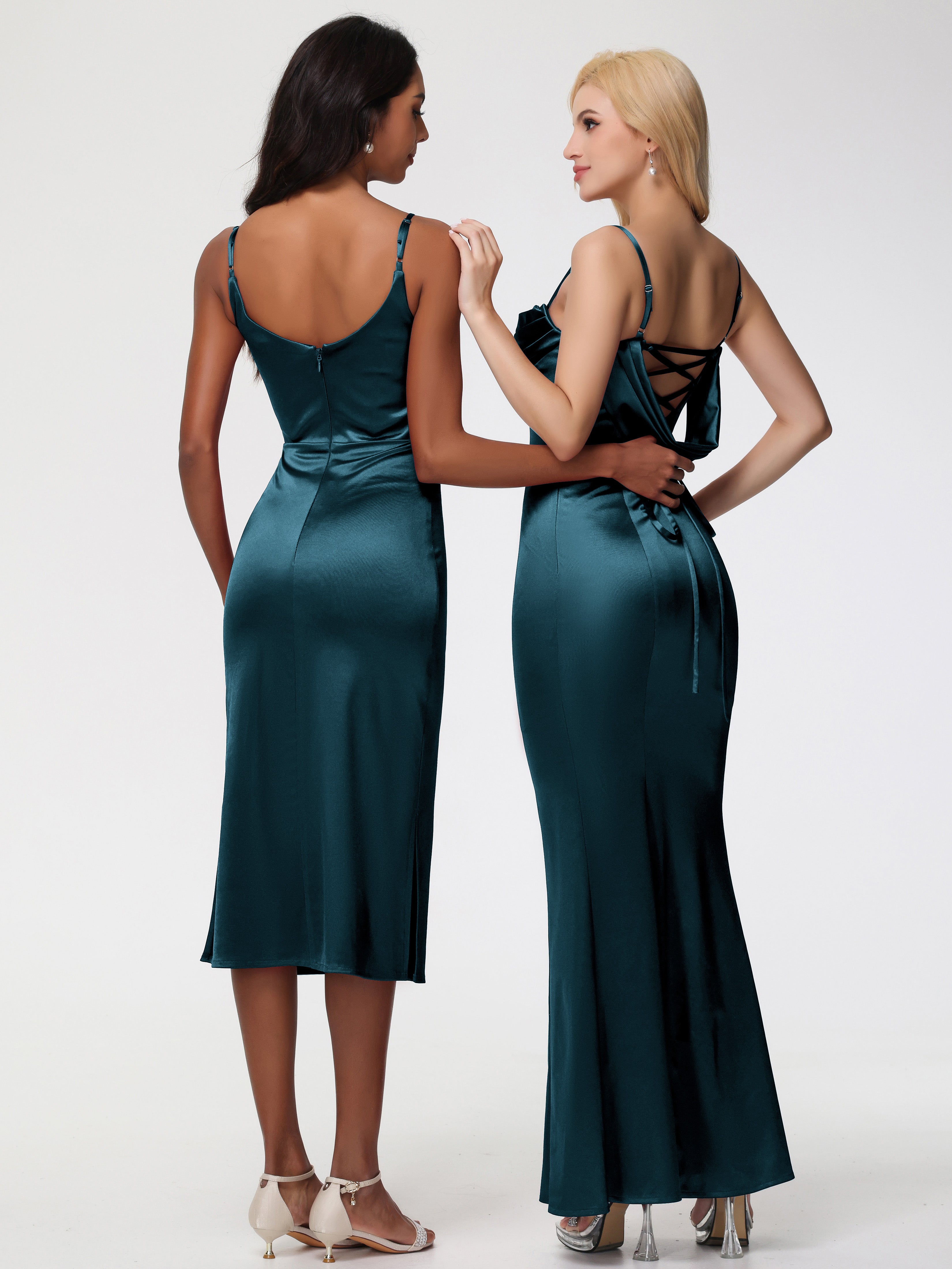 Robe Demoiselle D Honneur Bleu Paon Bretelles Spaghetti Sirène Satin Extensible Robe De Demoiselle D'Honneur