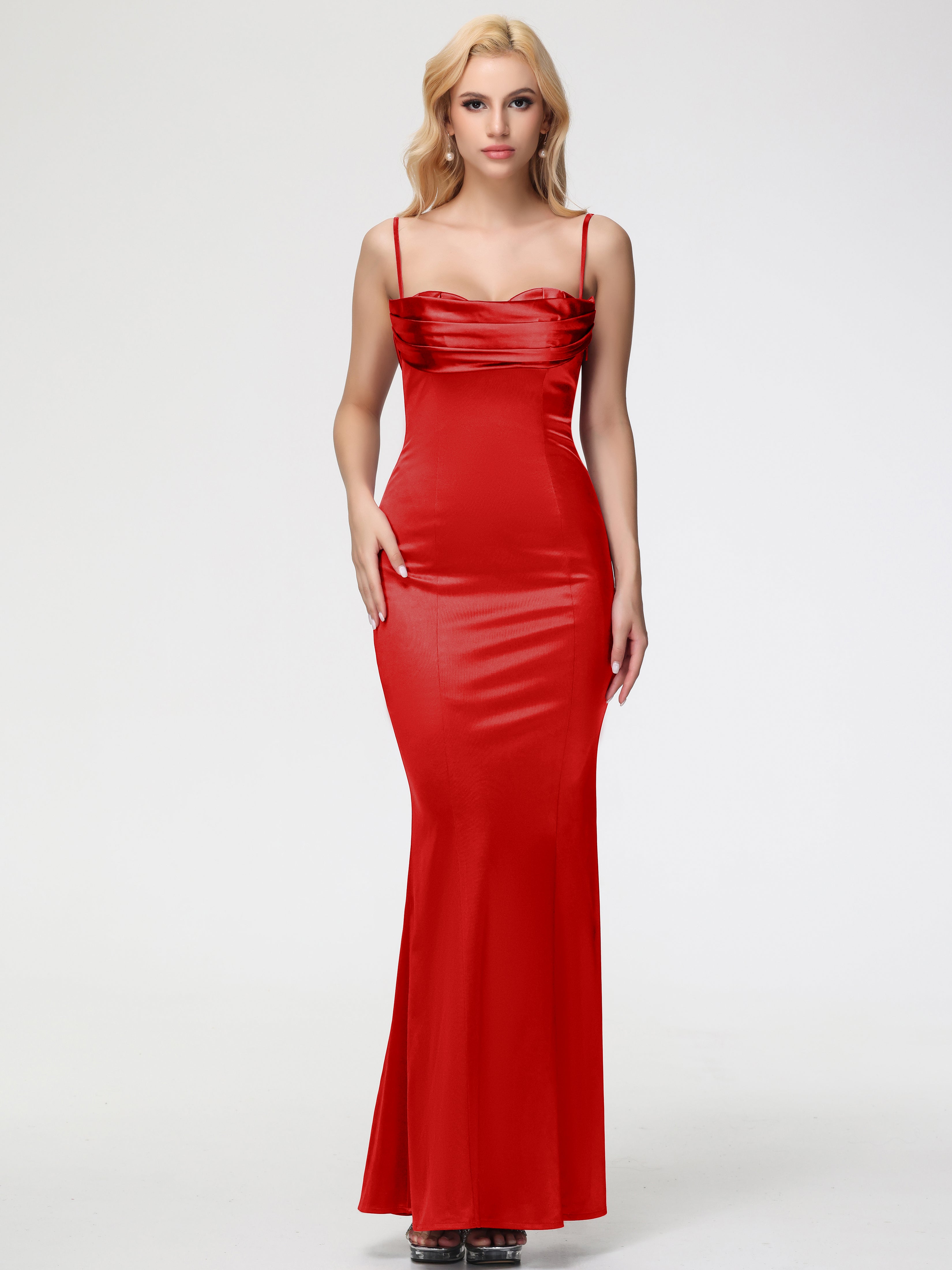 Robe Demoiselle D Honneur Rouge Pas Cher Bretelles Spaghetti Sirène Satin Extensible Robe De Demoiselle D'Honneur
