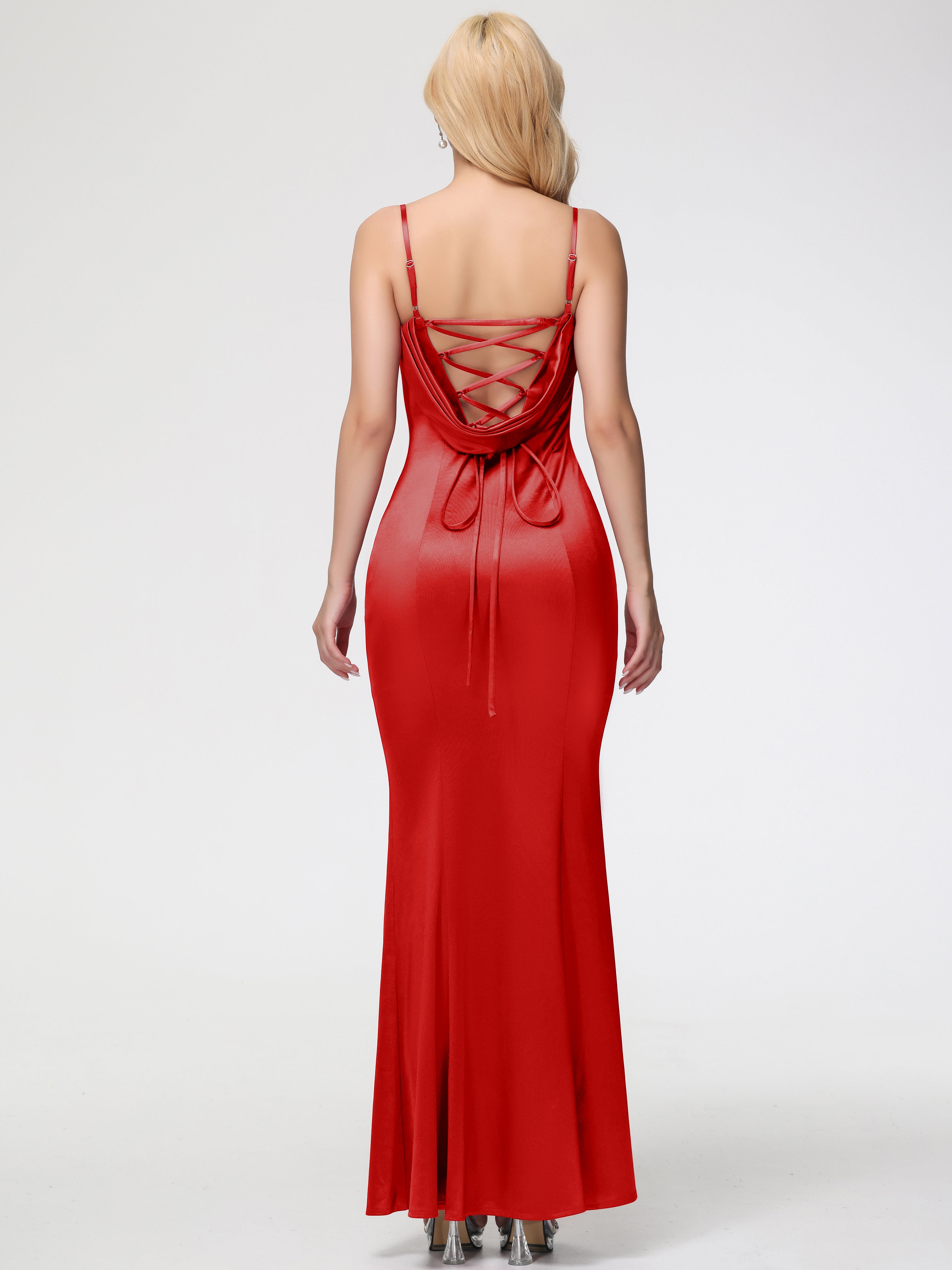 Robe Demoiselle D Honneur Rouge Pas Cher Bretelles Spaghetti Sirène Satin Extensible Robe De Demoiselle D'Honneur