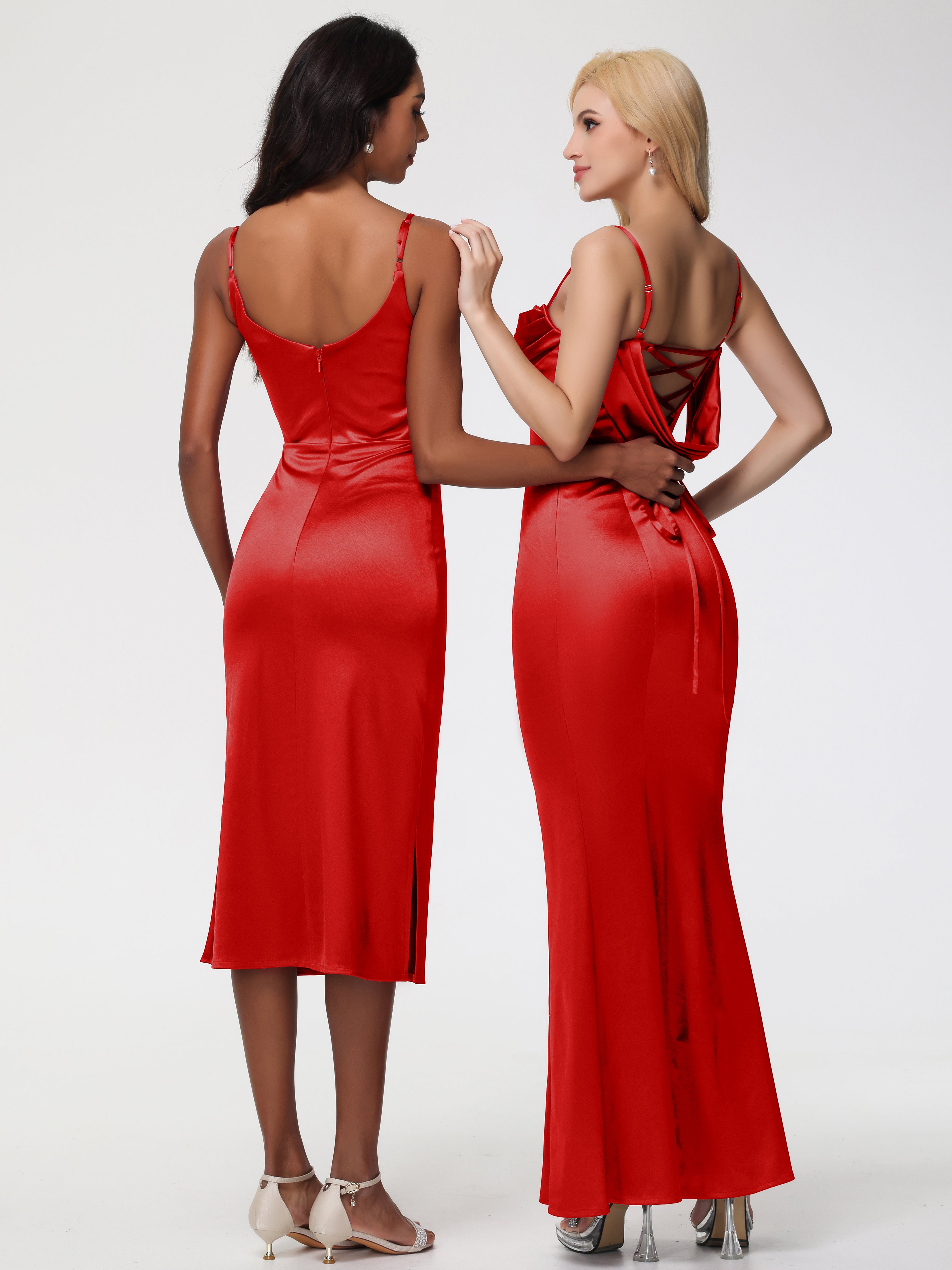 Robe Demoiselle D Honneur Rouge Pas Cher Bretelles Spaghetti Sirène Satin Extensible Robe De Demoiselle D'Honneur