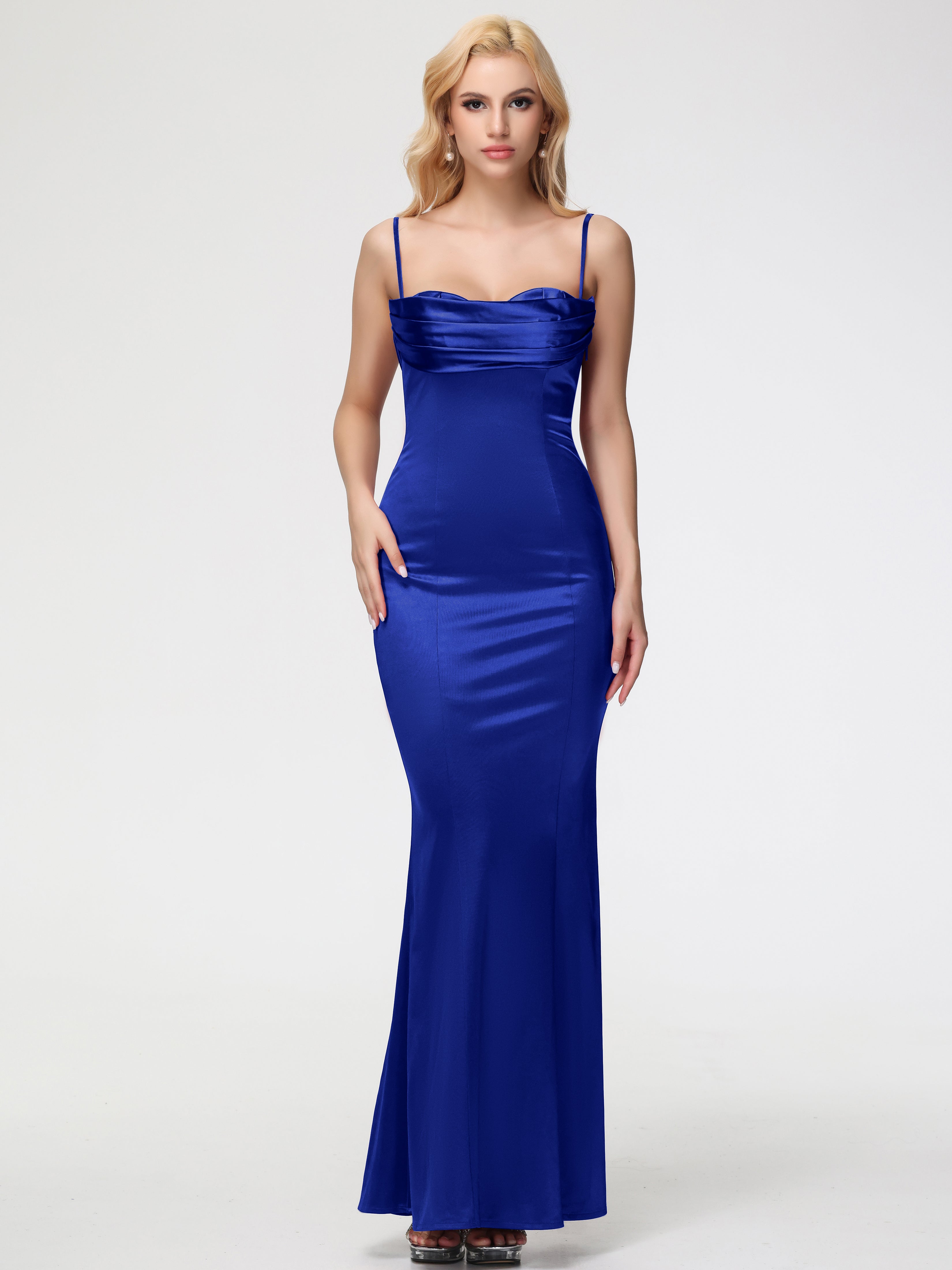 Demoiselle D'Honneur Bleu Royal Bretelles Spaghetti Sirène Satin Extensible Robe De Demoiselle D'Honneur