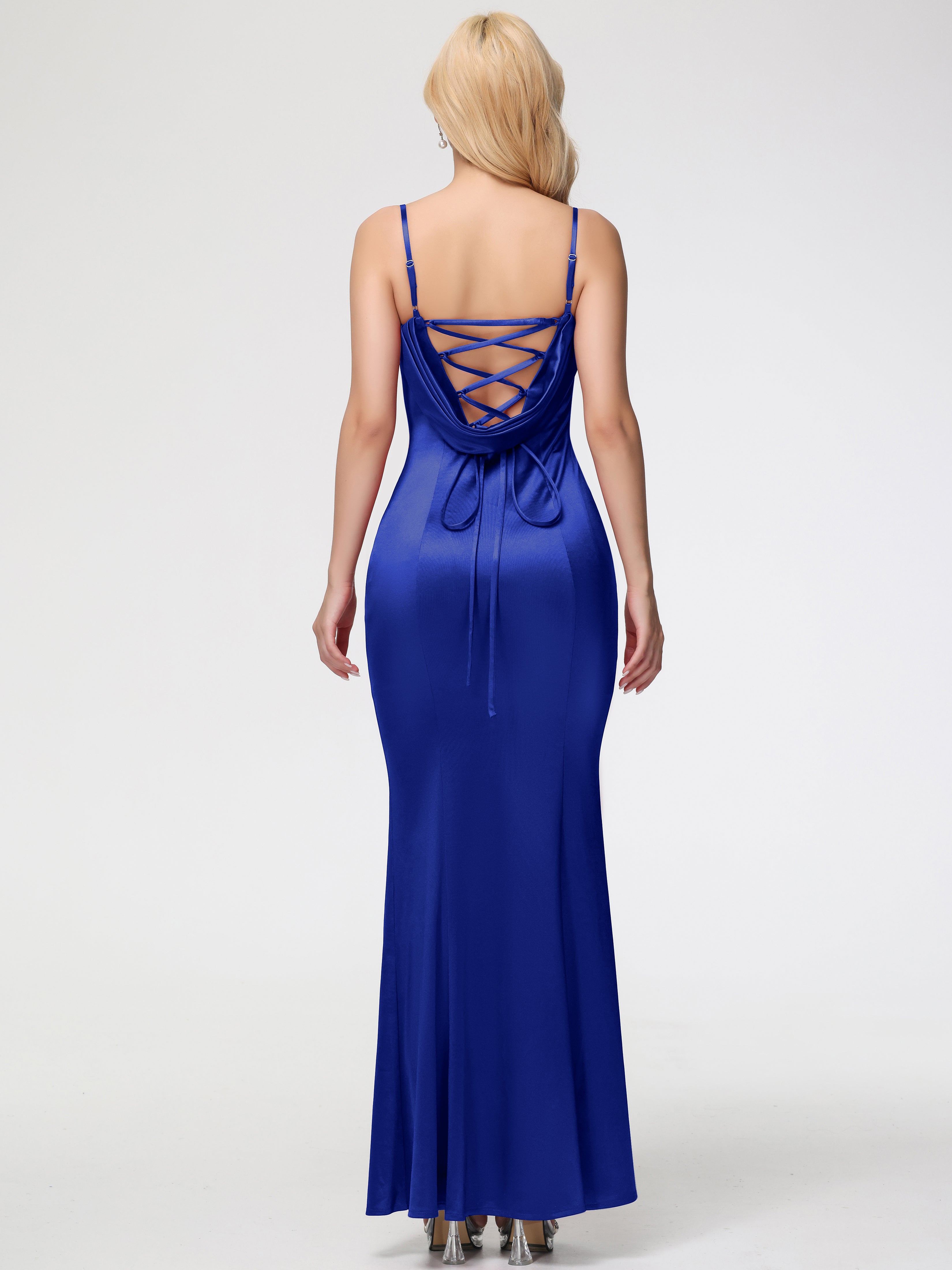 Demoiselle D'Honneur Bleu Royal Bretelles Spaghetti Sirène Satin Extensible Robe De Demoiselle D'Honneur