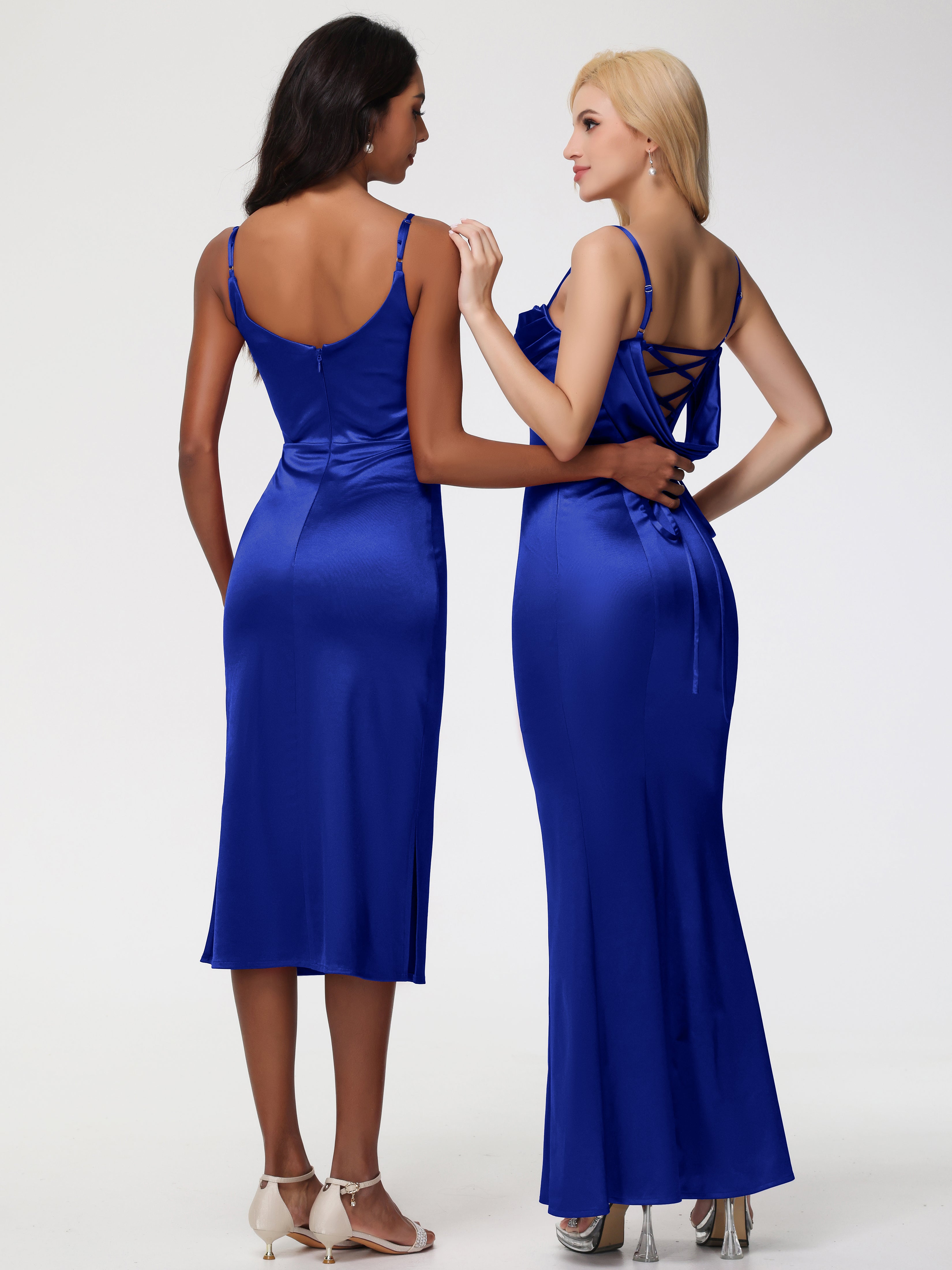 Demoiselle D'Honneur Bleu Royal Bretelles Spaghetti Sirène Satin Extensible Robe De Demoiselle D'Honneur
