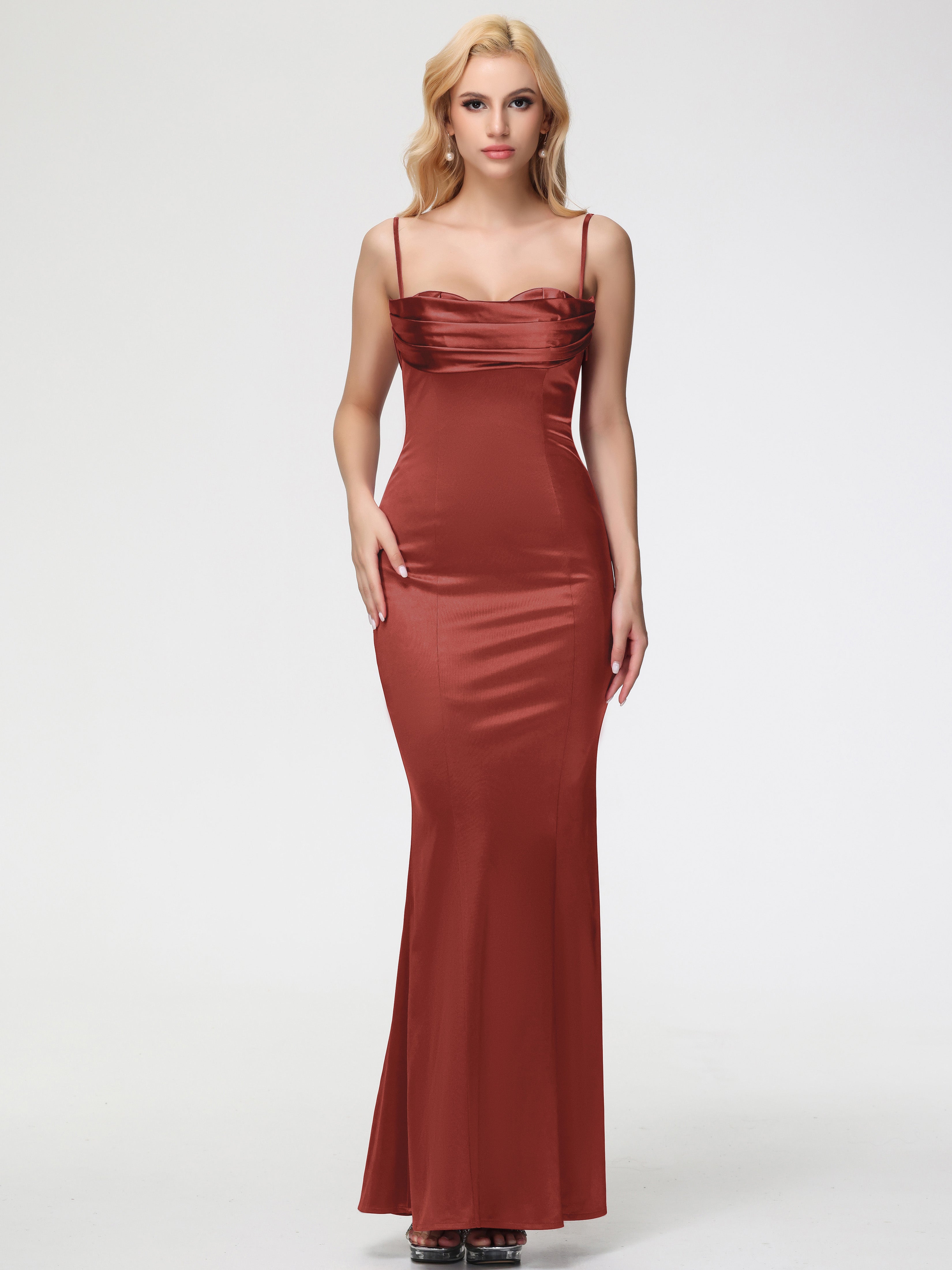 Robe De Demoiselle D'Honneur Rouille Bretelles Spaghetti Sirène Satin Extensible Robe De Demoiselle D'Honneur