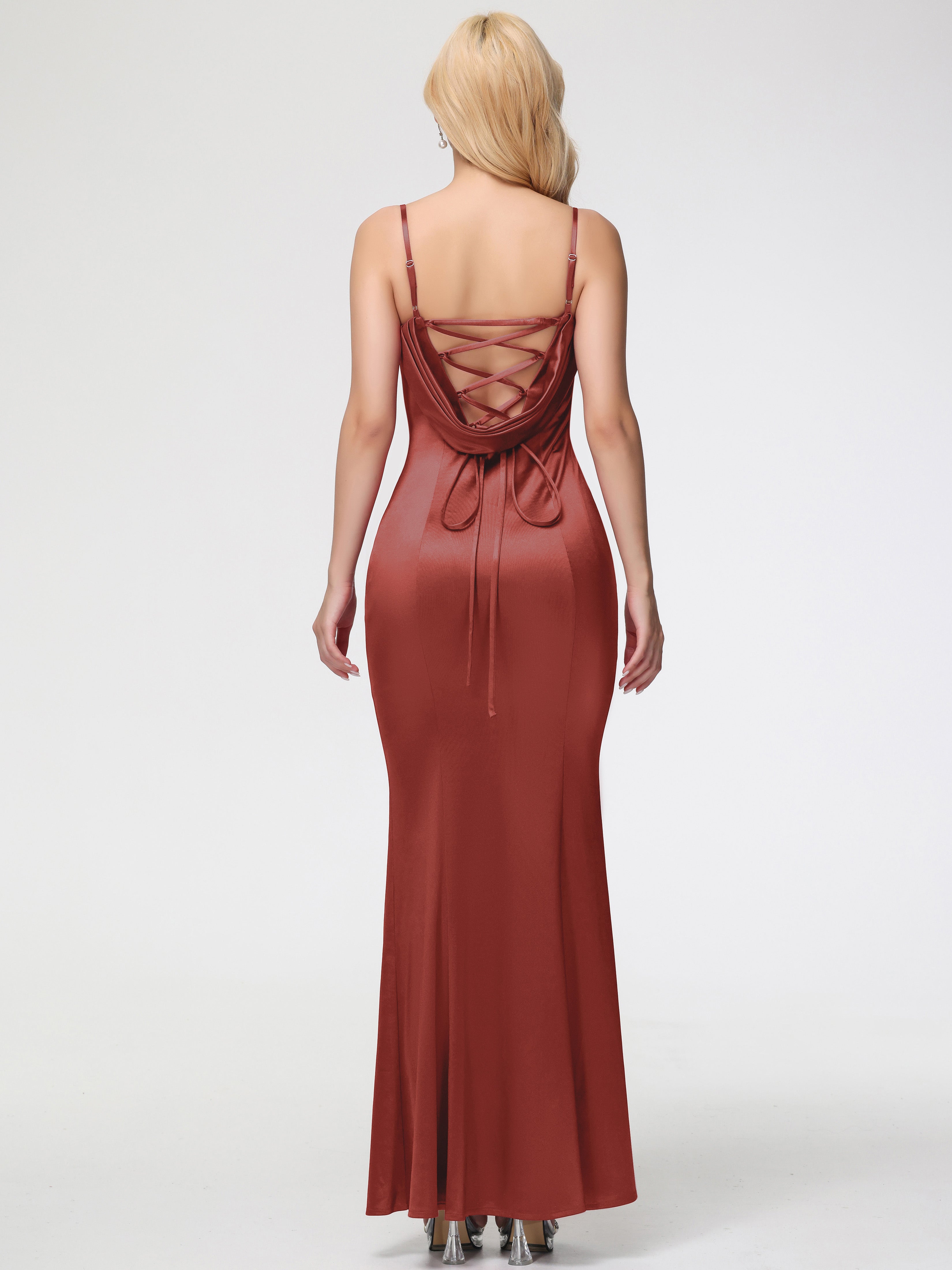 Robe De Demoiselle D'Honneur Rouille Bretelles Spaghetti Sirène Satin Extensible Robe De Demoiselle D'Honneur