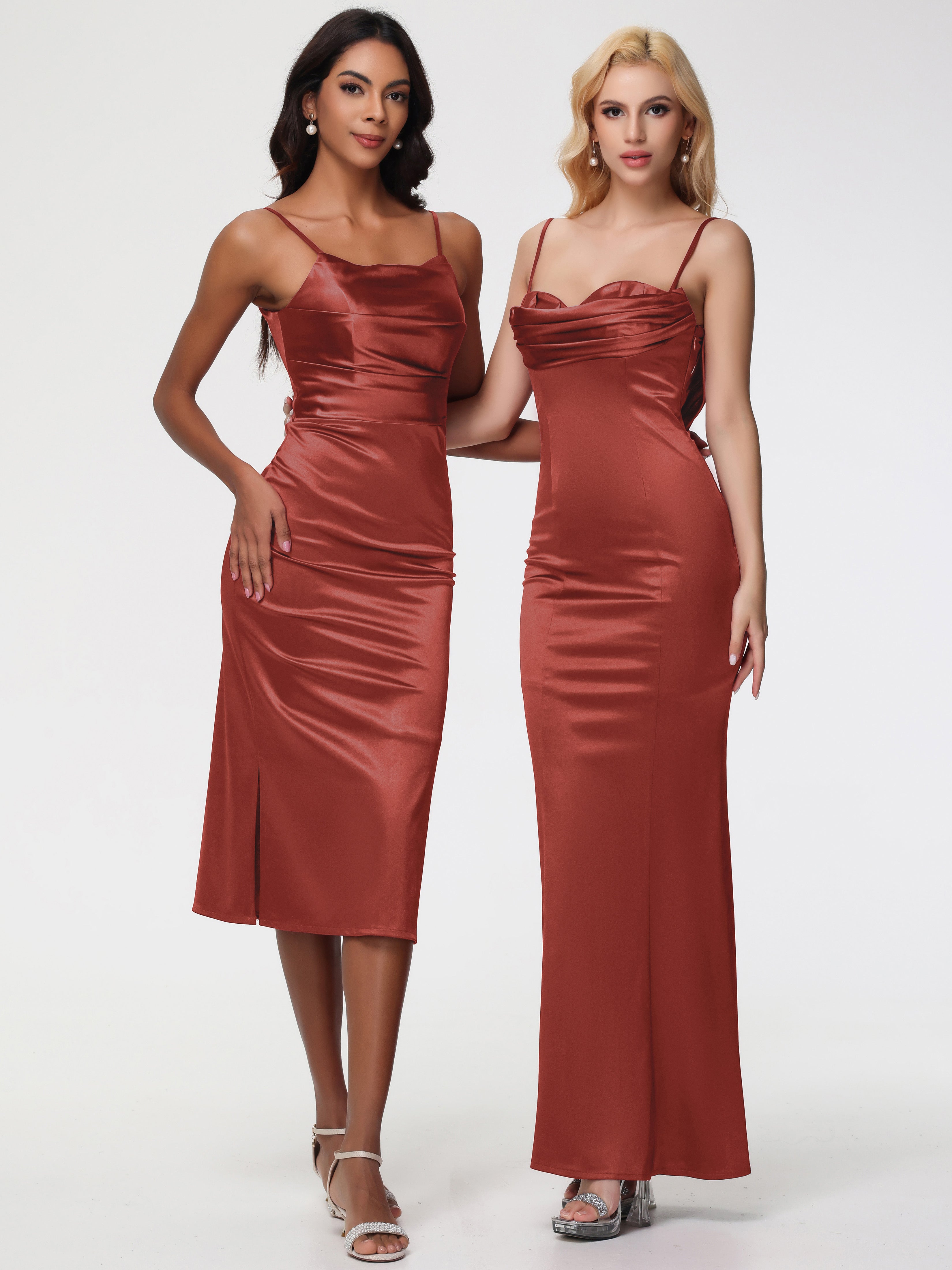 Robe De Demoiselle D'Honneur Rouille Bretelles Spaghetti Sirène Satin Extensible Robe De Demoiselle D'Honneur