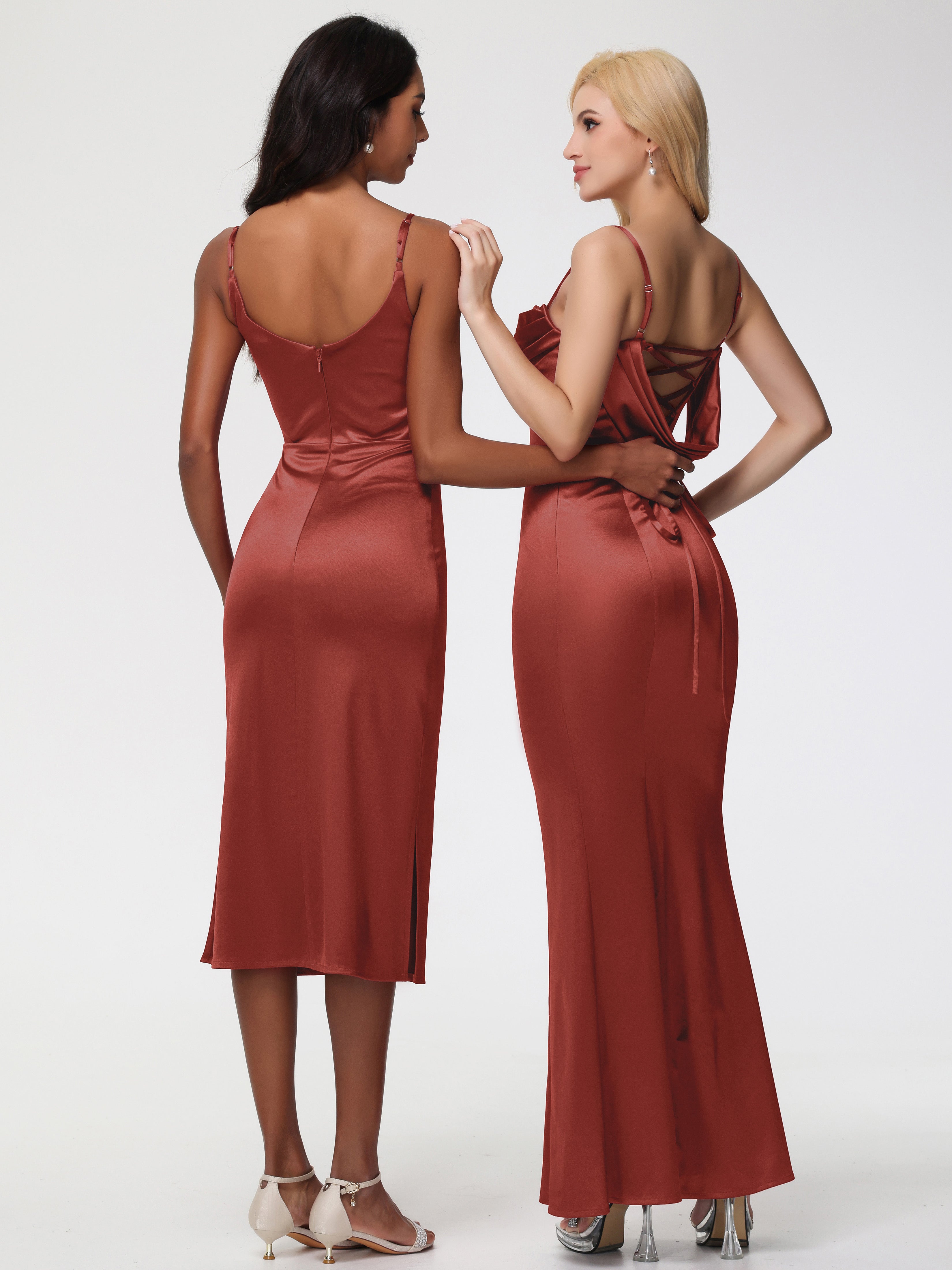 Robe De Demoiselle D'Honneur Rouille Bretelles Spaghetti Sirène Satin Extensible Robe De Demoiselle D'Honneur