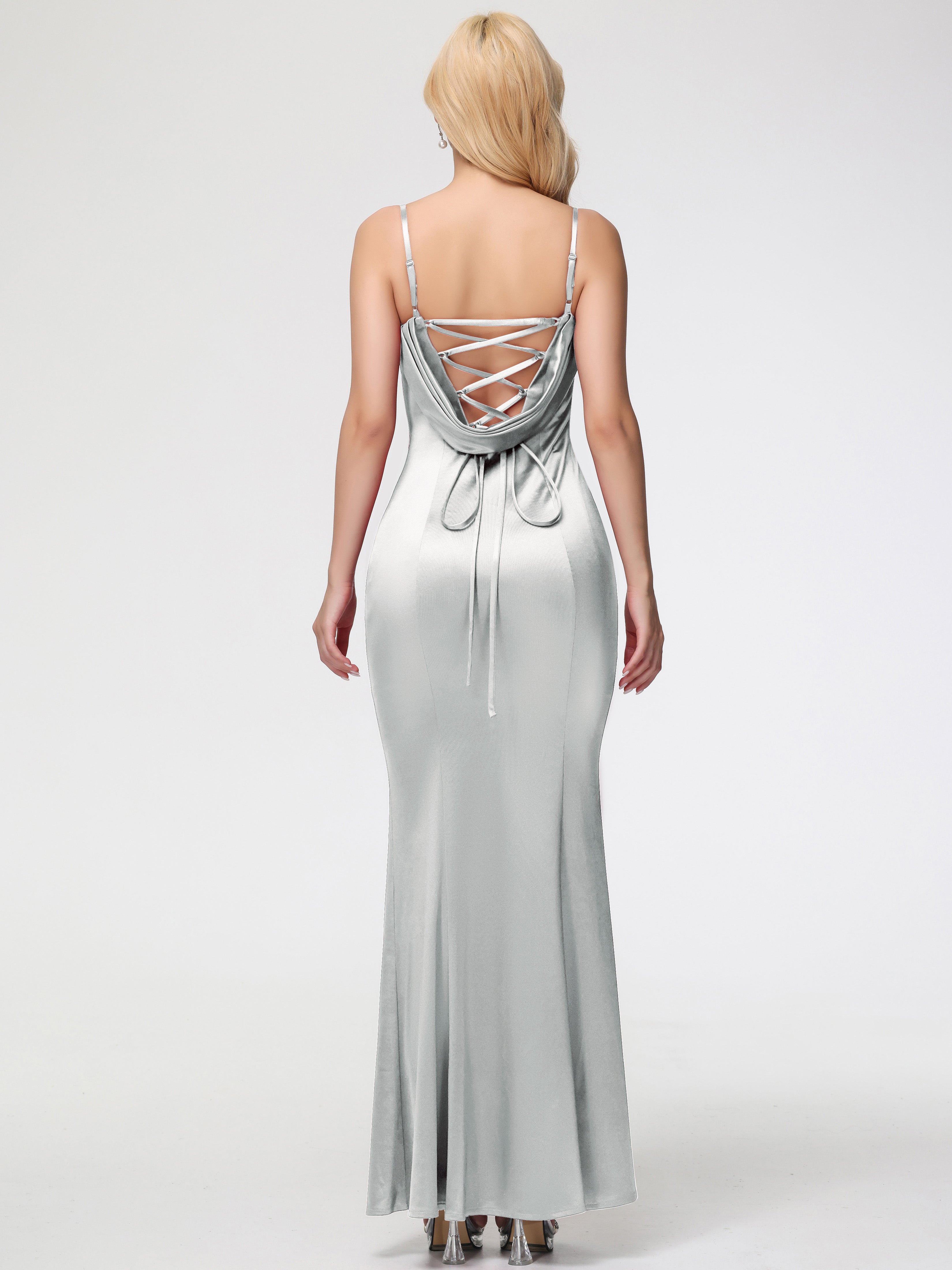 Robe Demoiselle D Honneur Argent Bretelles Spaghetti Sirène Satin Extensible Robe De Demoiselle D'Honneur