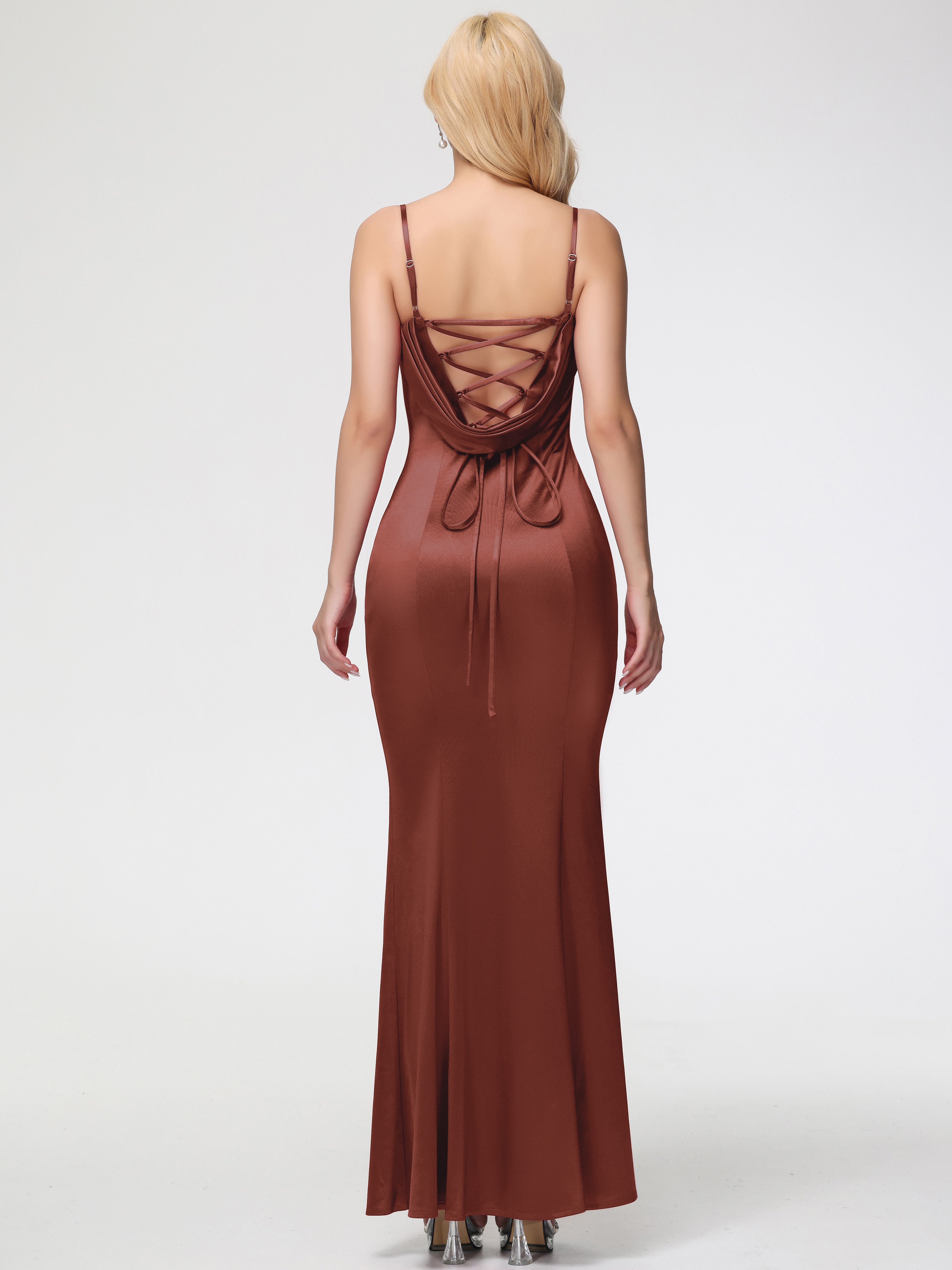 Robe Demoiselle D Honneur Terracotta Bretelles Spaghetti Sirène Satin Extensible Robe De Demoiselle D'Honneur
