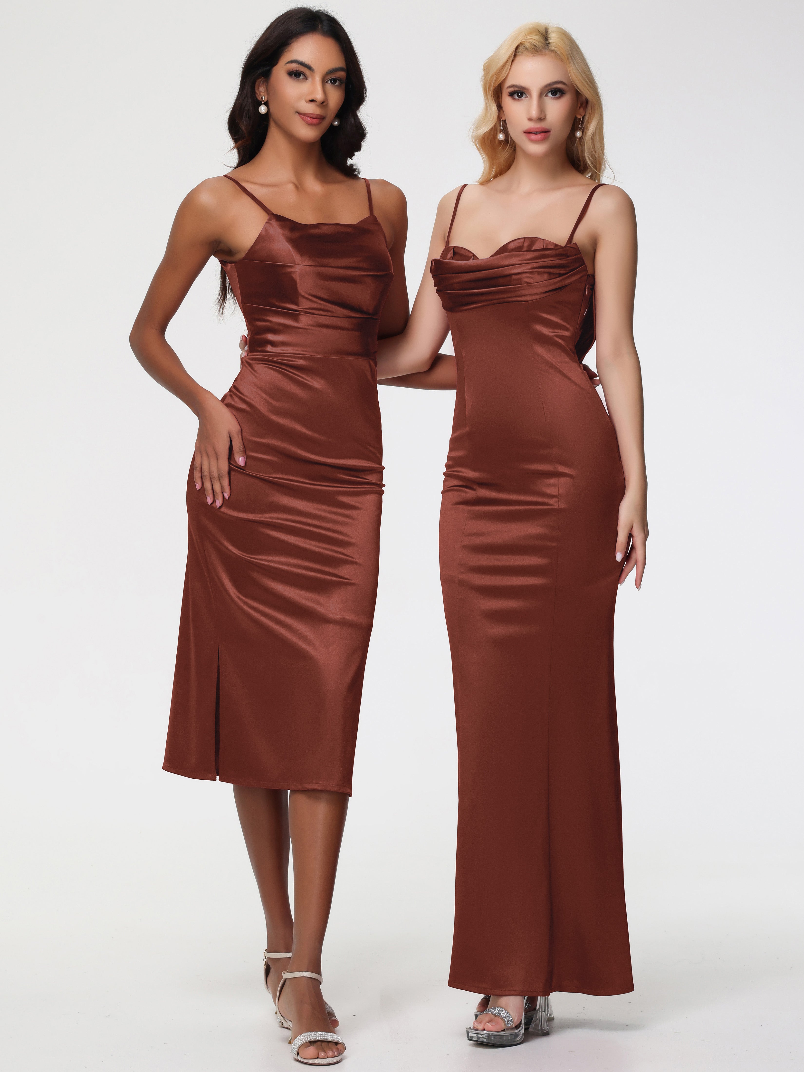 Robe Demoiselle D Honneur Terracotta Bretelles Spaghetti Sirène Satin Extensible Robe De Demoiselle D'Honneur