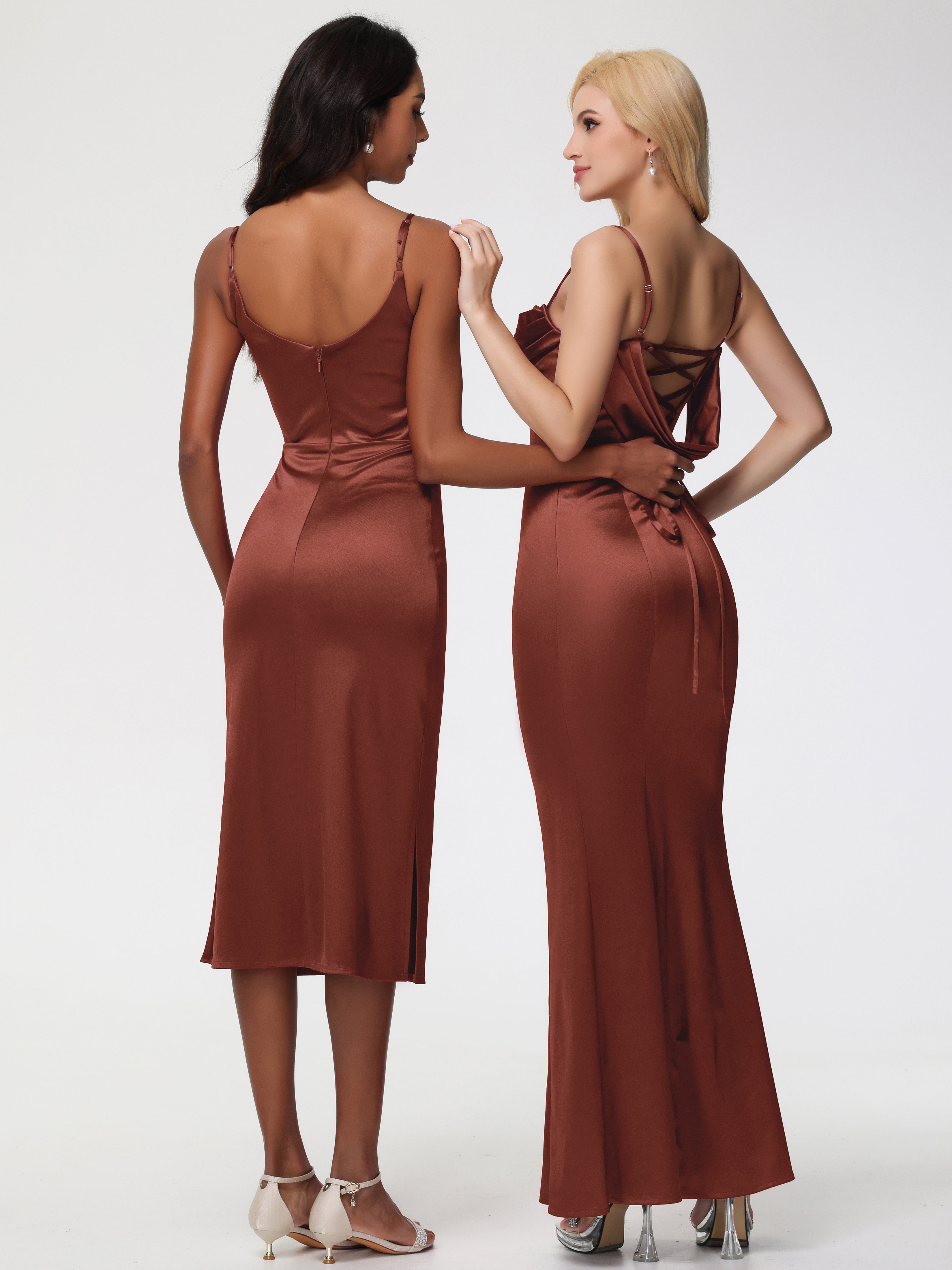 Robe Demoiselle D Honneur Terracotta Bretelles Spaghetti Sirène Satin Extensible Robe De Demoiselle D'Honneur