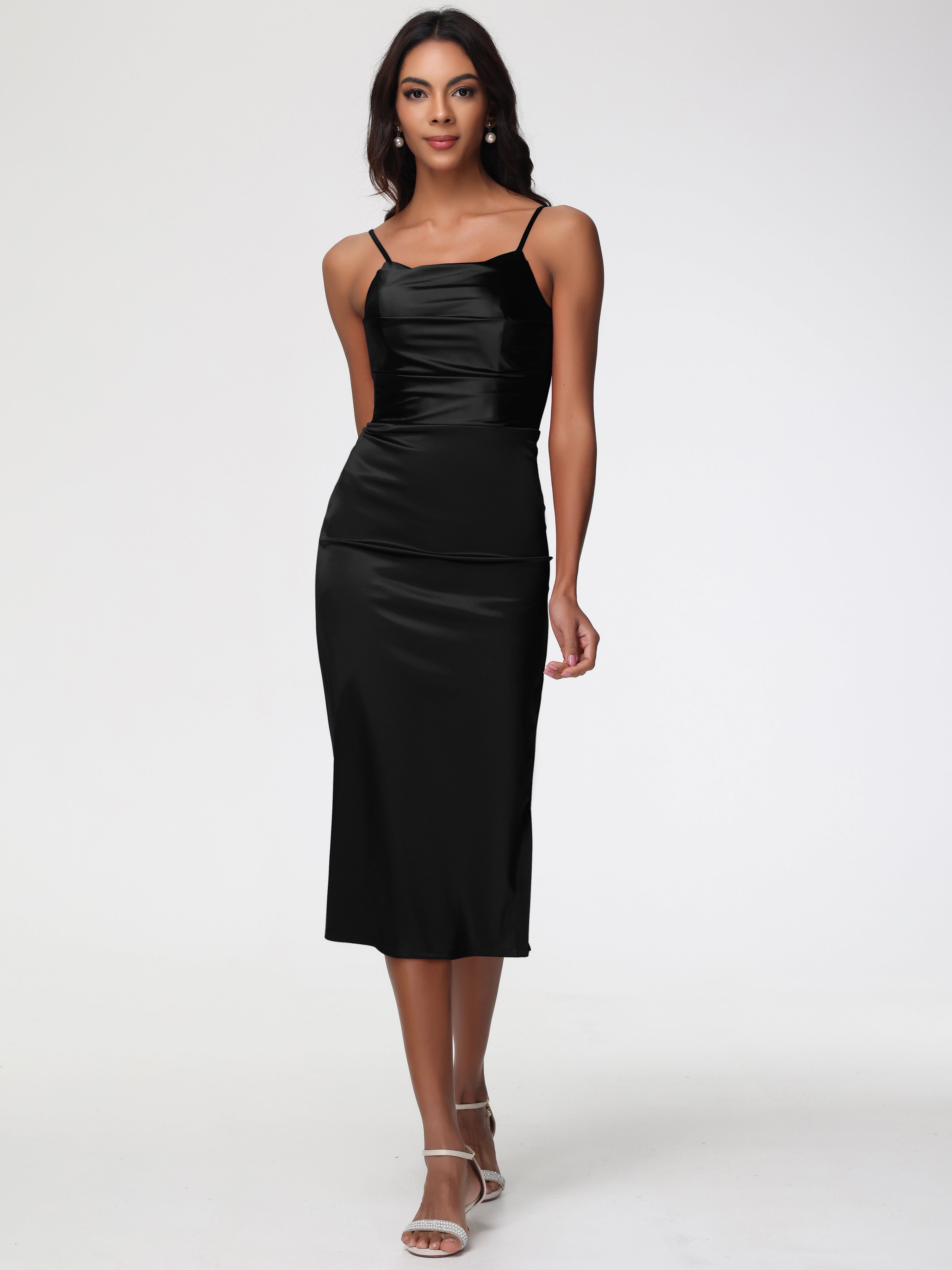 Robe Demoiselle D Honneur Noire Col Bénitier Satin Extensible Robe Fourreau Demoiselle D'Honneur Mi Longue
