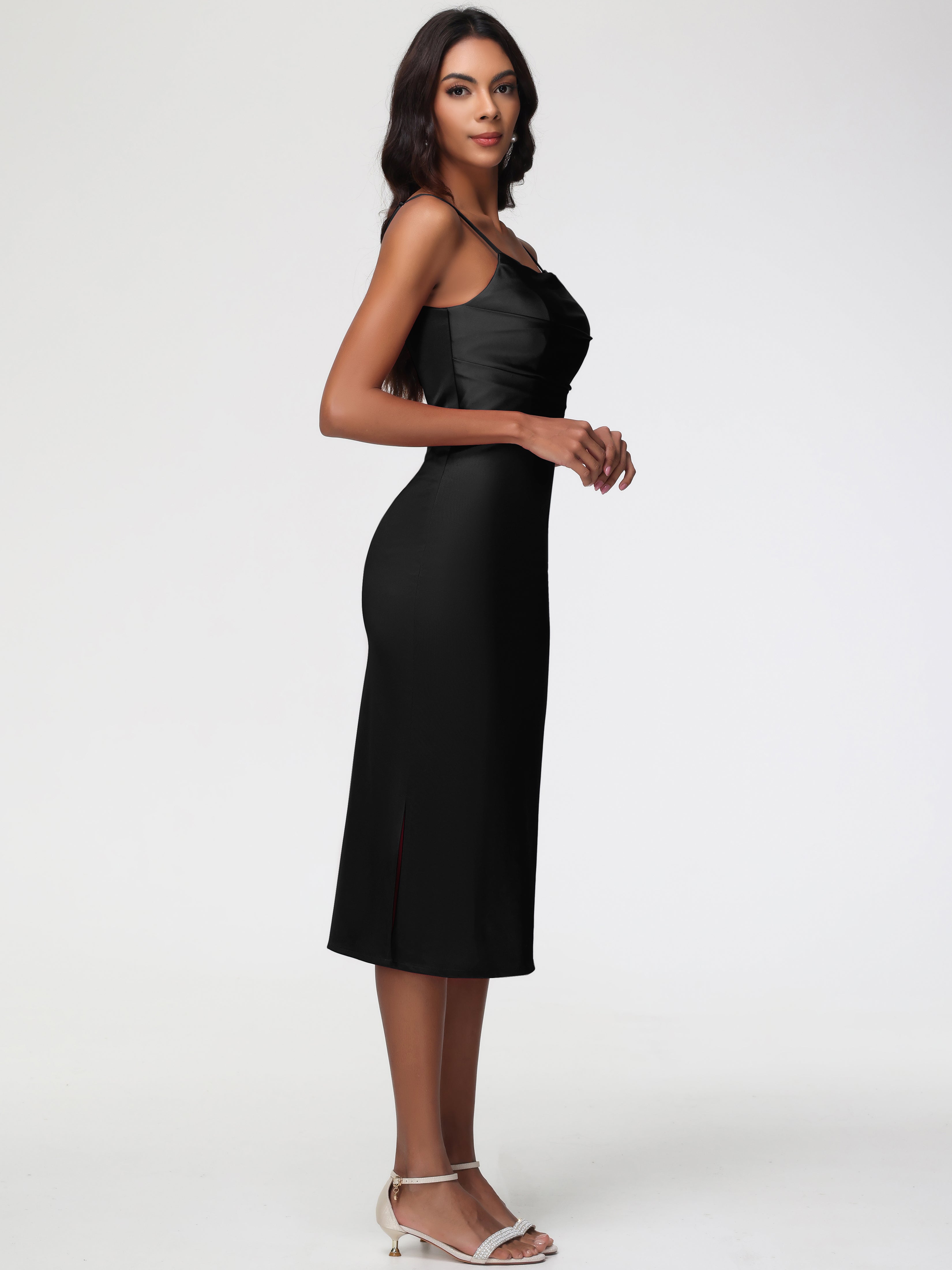 Robe Demoiselle D Honneur Noire Col Bénitier Satin Extensible Robe Fourreau Demoiselle D'Honneur Mi Longue