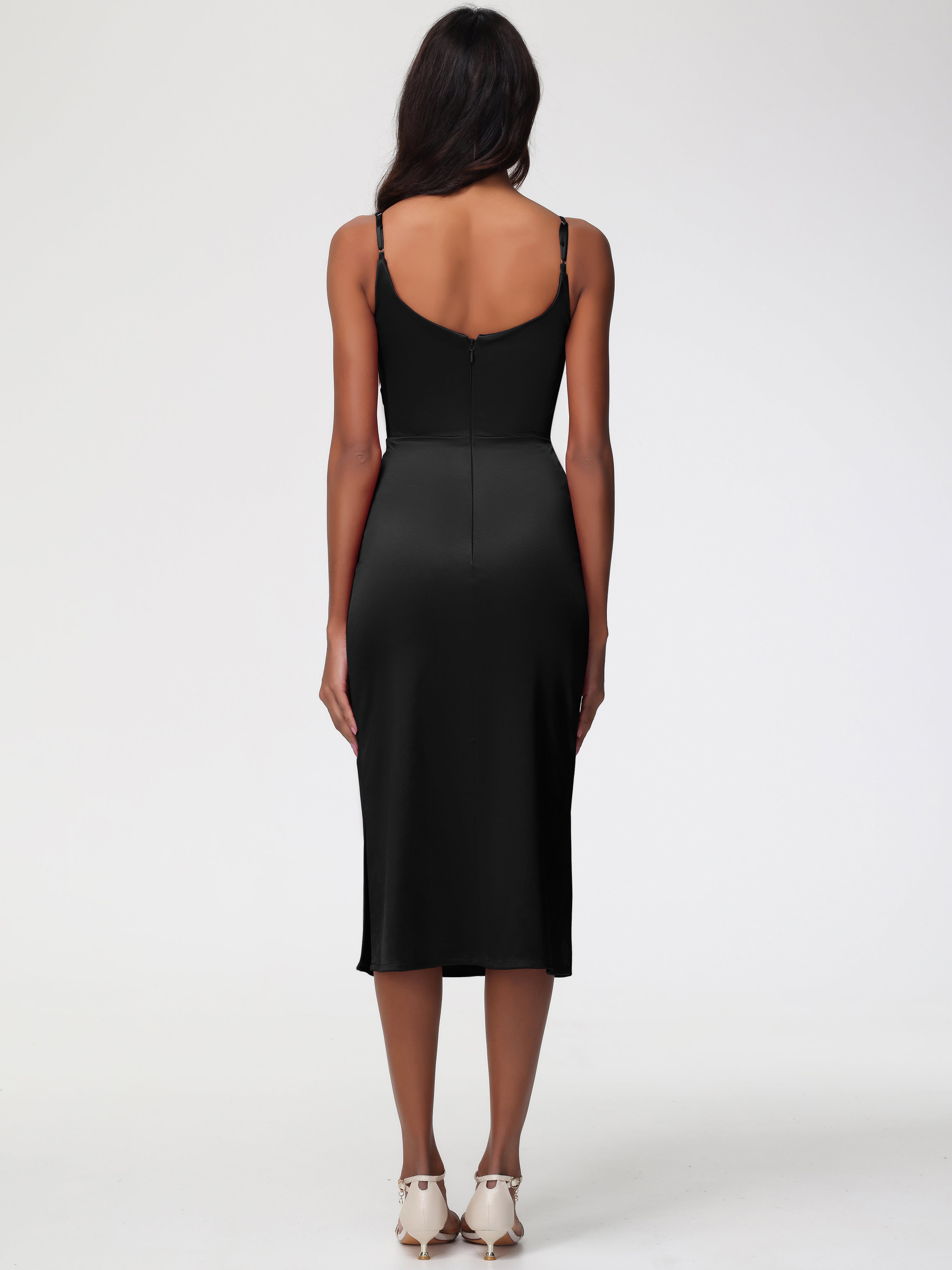 Robe Demoiselle D Honneur Noire Col Bénitier Satin Extensible Robe Fourreau Demoiselle D'Honneur Mi Longue