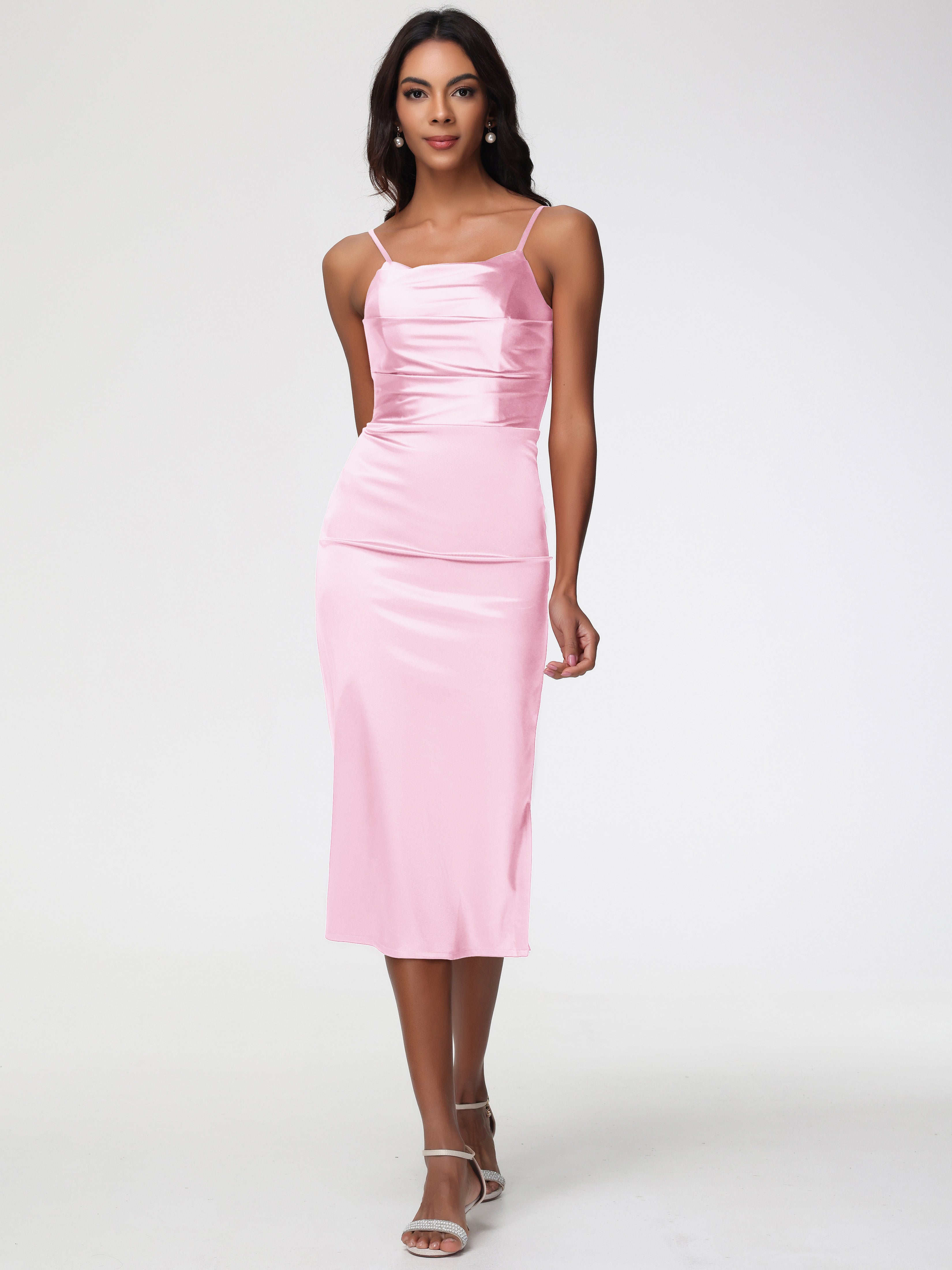Robe Rose Pale Demoiselle D Honneur Col Bénitier Satin Extensible Robe Fourreau Demoiselle D'Honneur Mi Longue