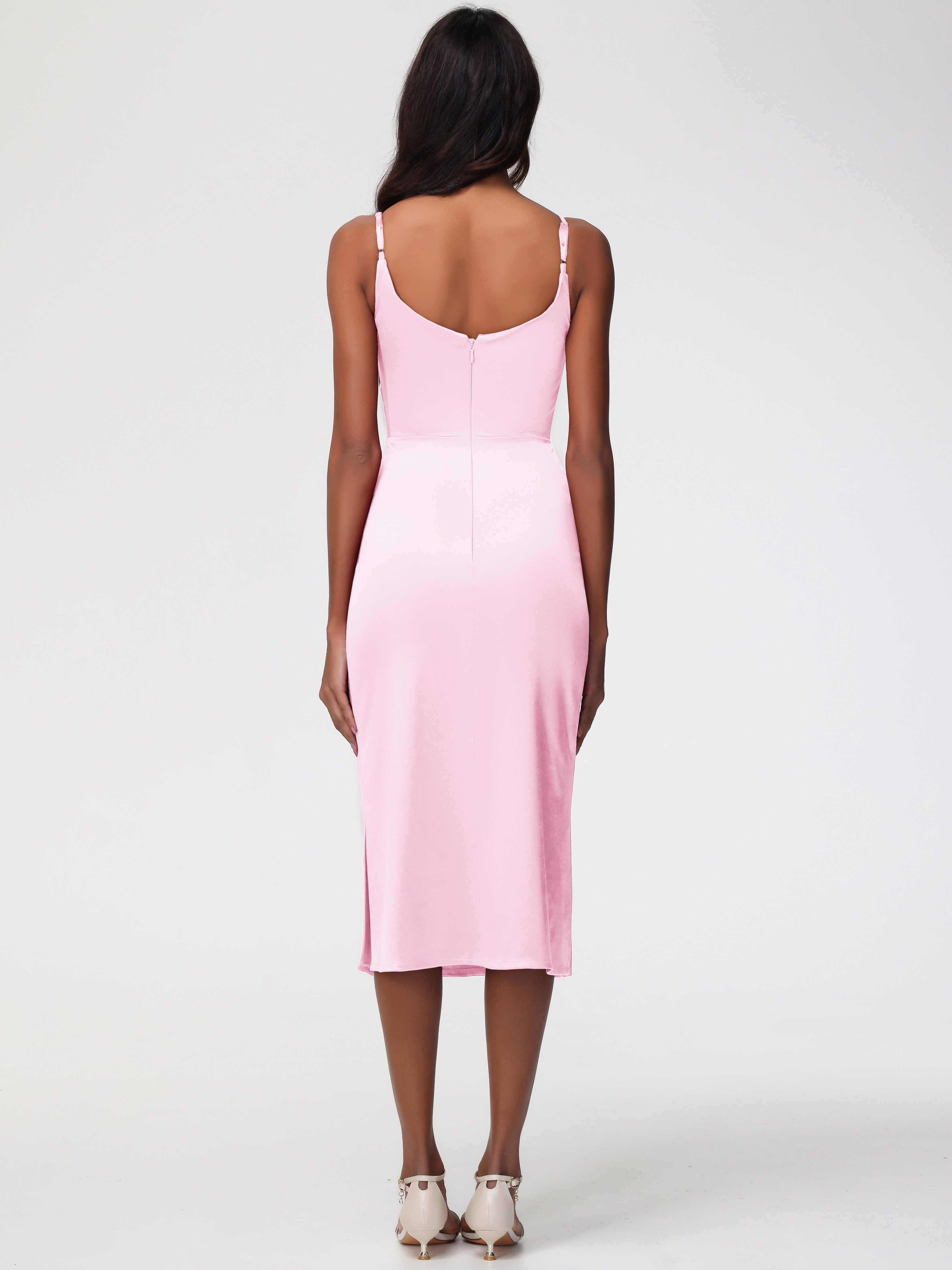 Robe Rose Pale Demoiselle D Honneur Col Bénitier Satin Extensible Robe Fourreau Demoiselle D'Honneur Mi Longue