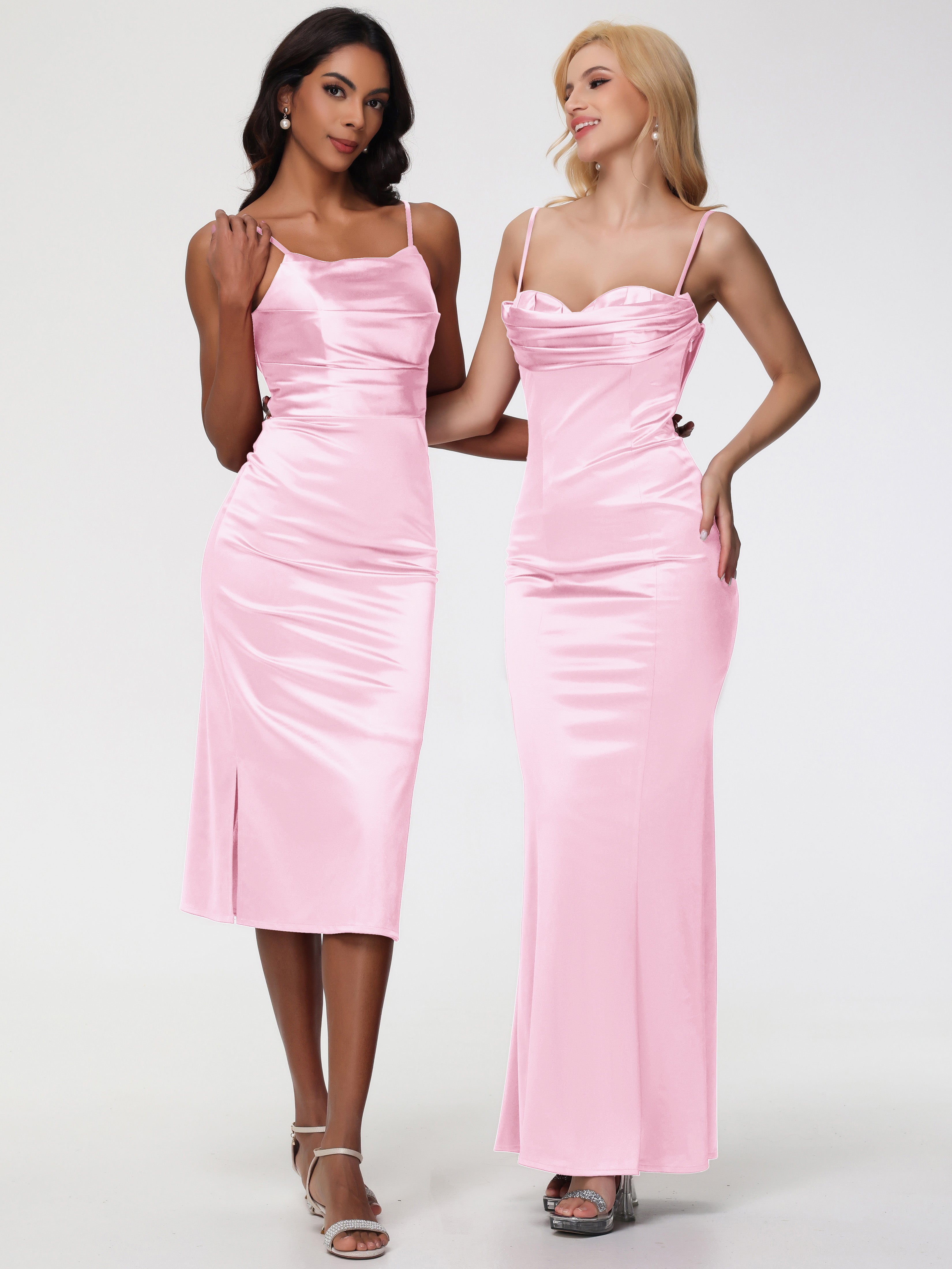 Robe Rose Pale Demoiselle D Honneur Col Bénitier Satin Extensible Robe Fourreau Demoiselle D'Honneur Mi Longue