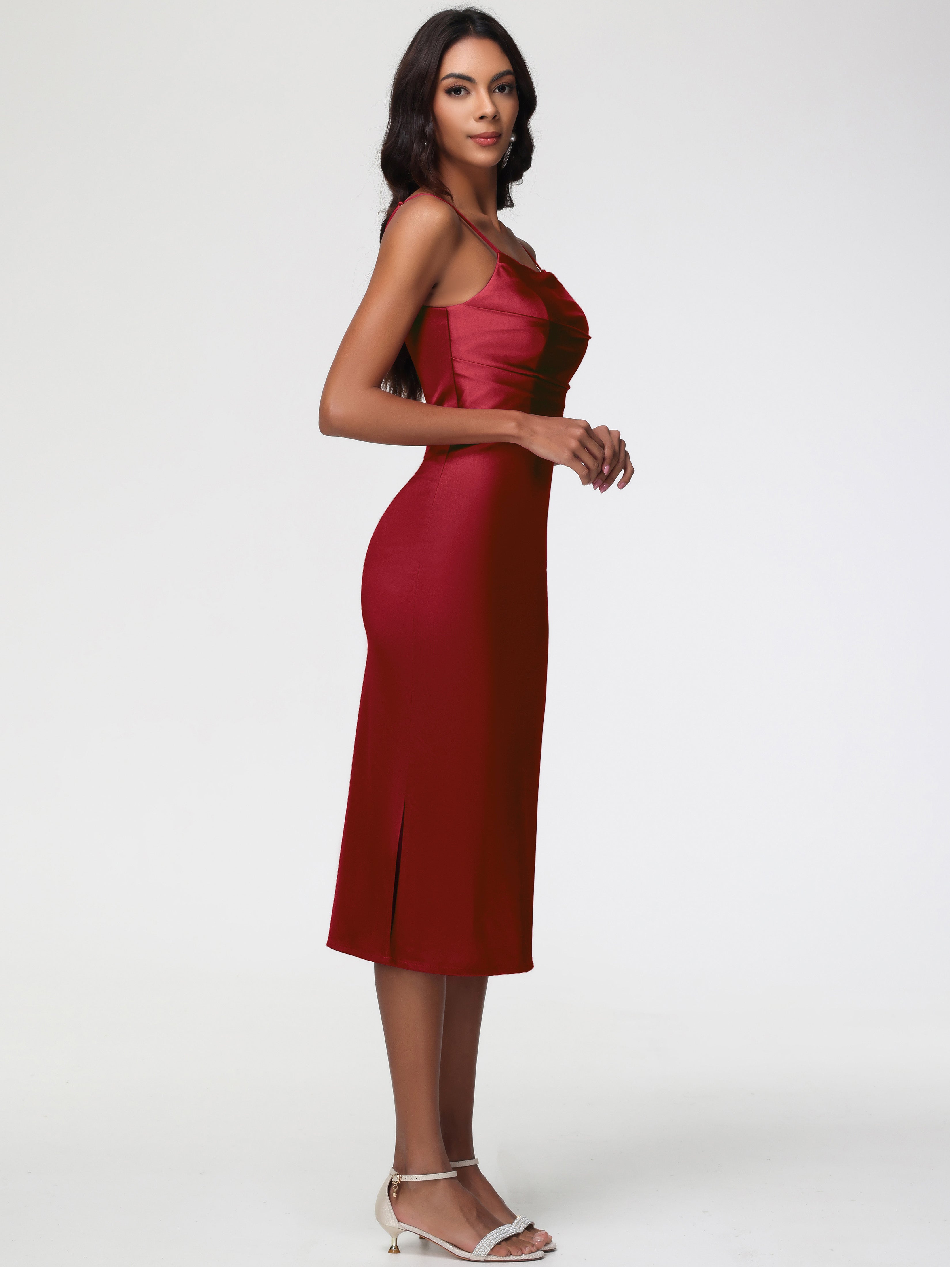 Robe Demoiselle D Honneur Bordeaux Col Bénitier Satin Extensible Robe Fourreau Demoiselle D'Honneur Mi Longue