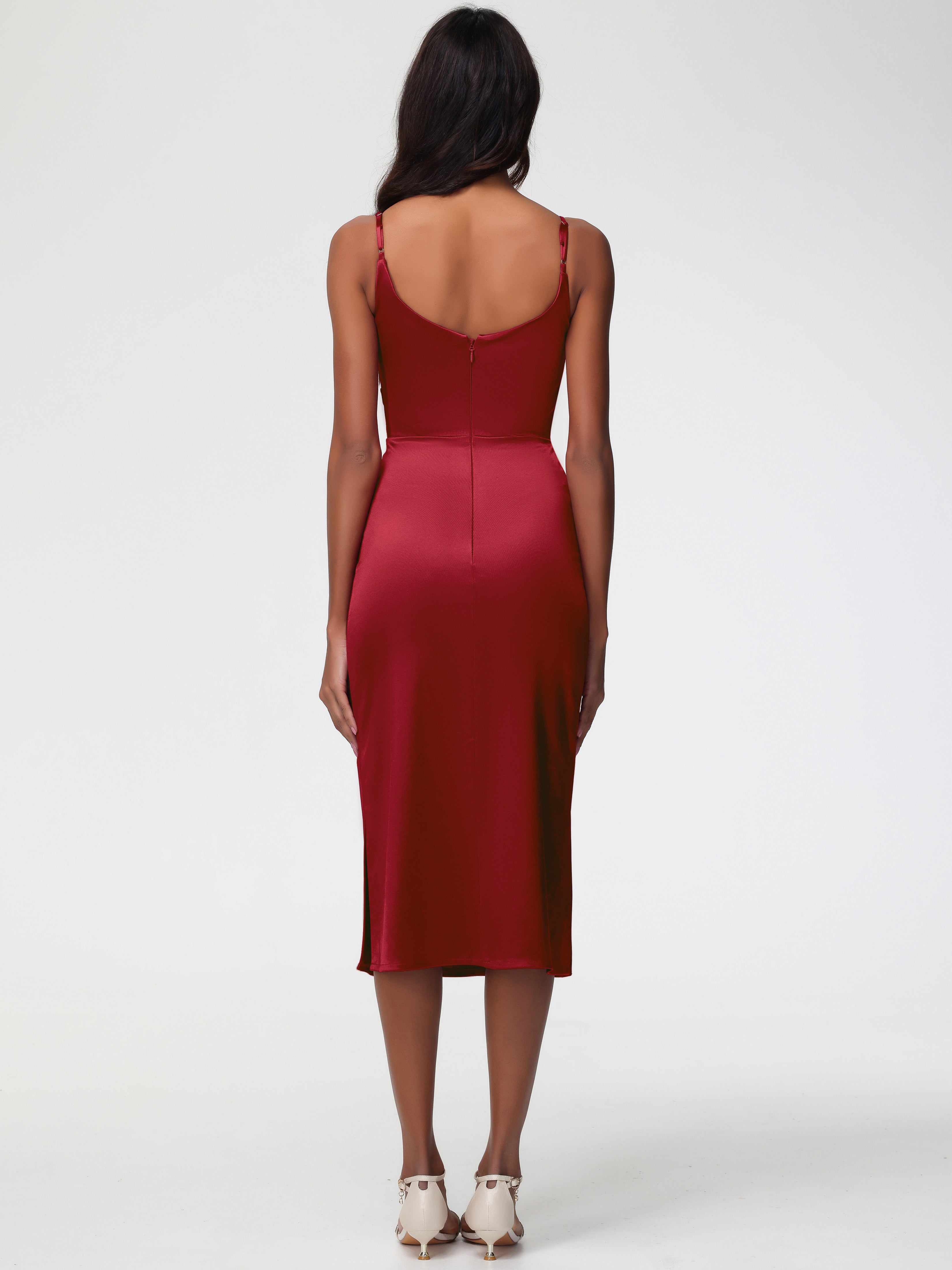 Robe Demoiselle D Honneur Bordeaux Col Bénitier Satin Extensible Robe Fourreau Demoiselle D'Honneur Mi Longue