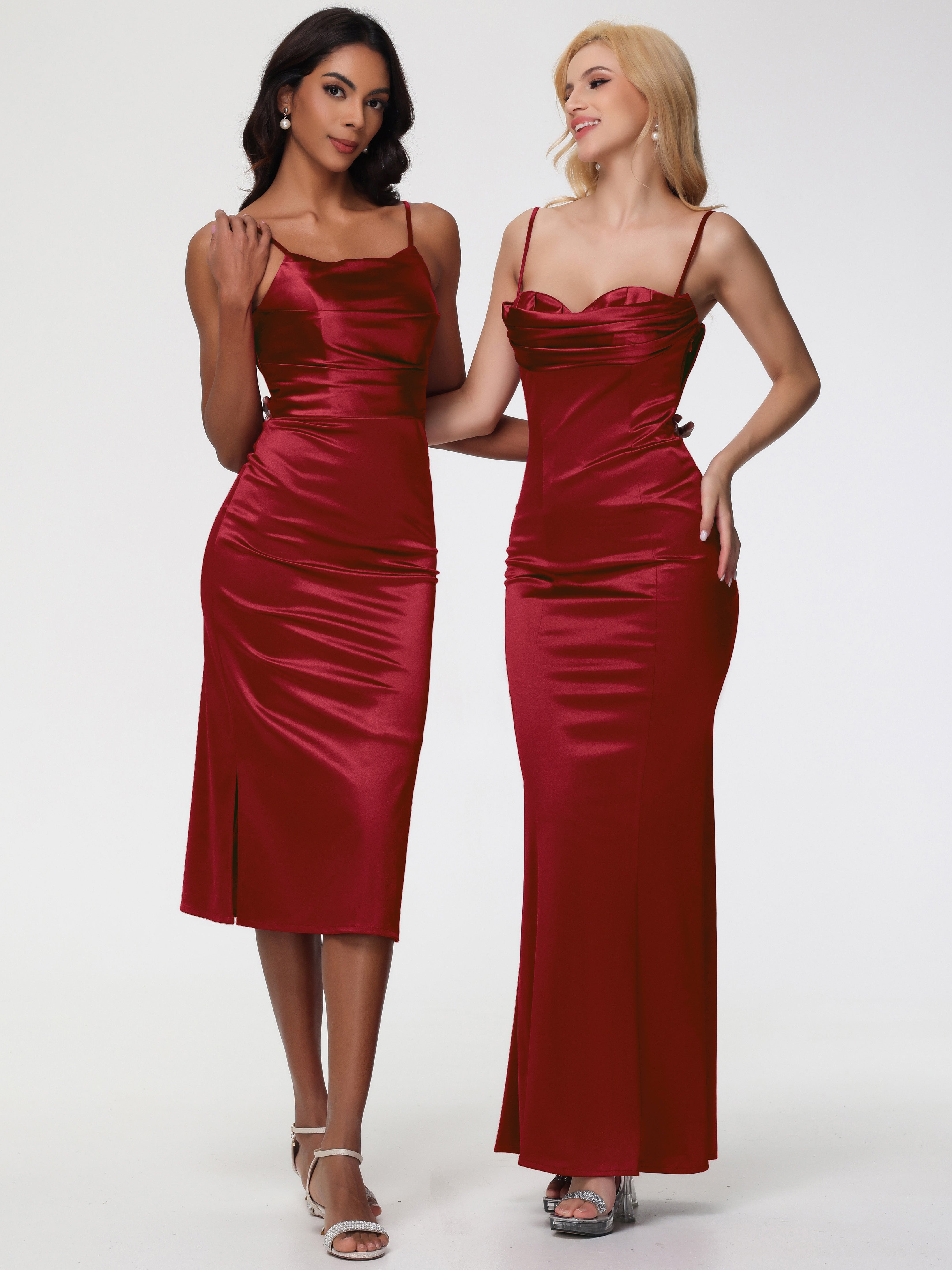 Robe Demoiselle D Honneur Bordeaux Col Bénitier Satin Extensible Robe Fourreau Demoiselle D'Honneur Mi Longue