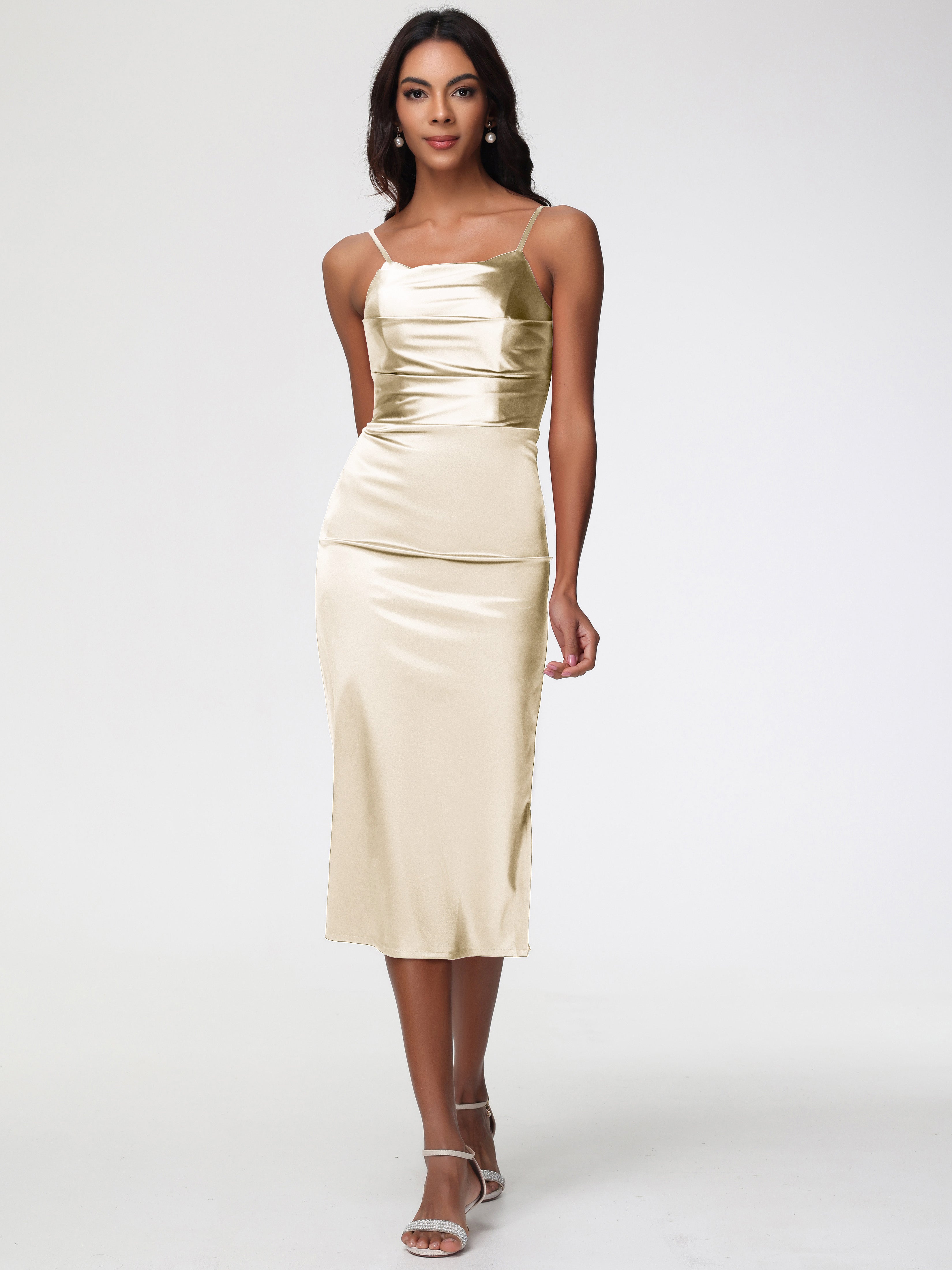 Robe Demoiselle D Honneur Champagne Col Bénitier Satin Extensible Robe Fourreau Demoiselle D'Honneur Mi Longue