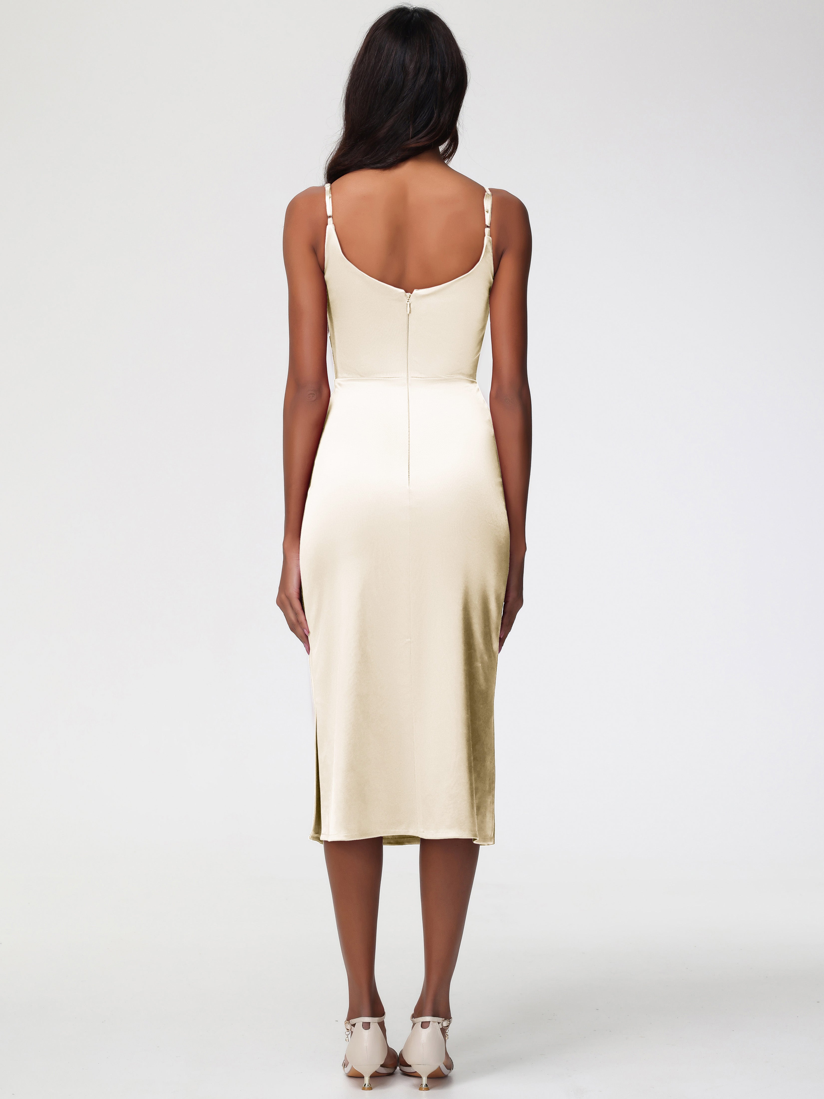 Robe Demoiselle D Honneur Champagne Col Bénitier Satin Extensible Robe Fourreau Demoiselle D'Honneur Mi Longue