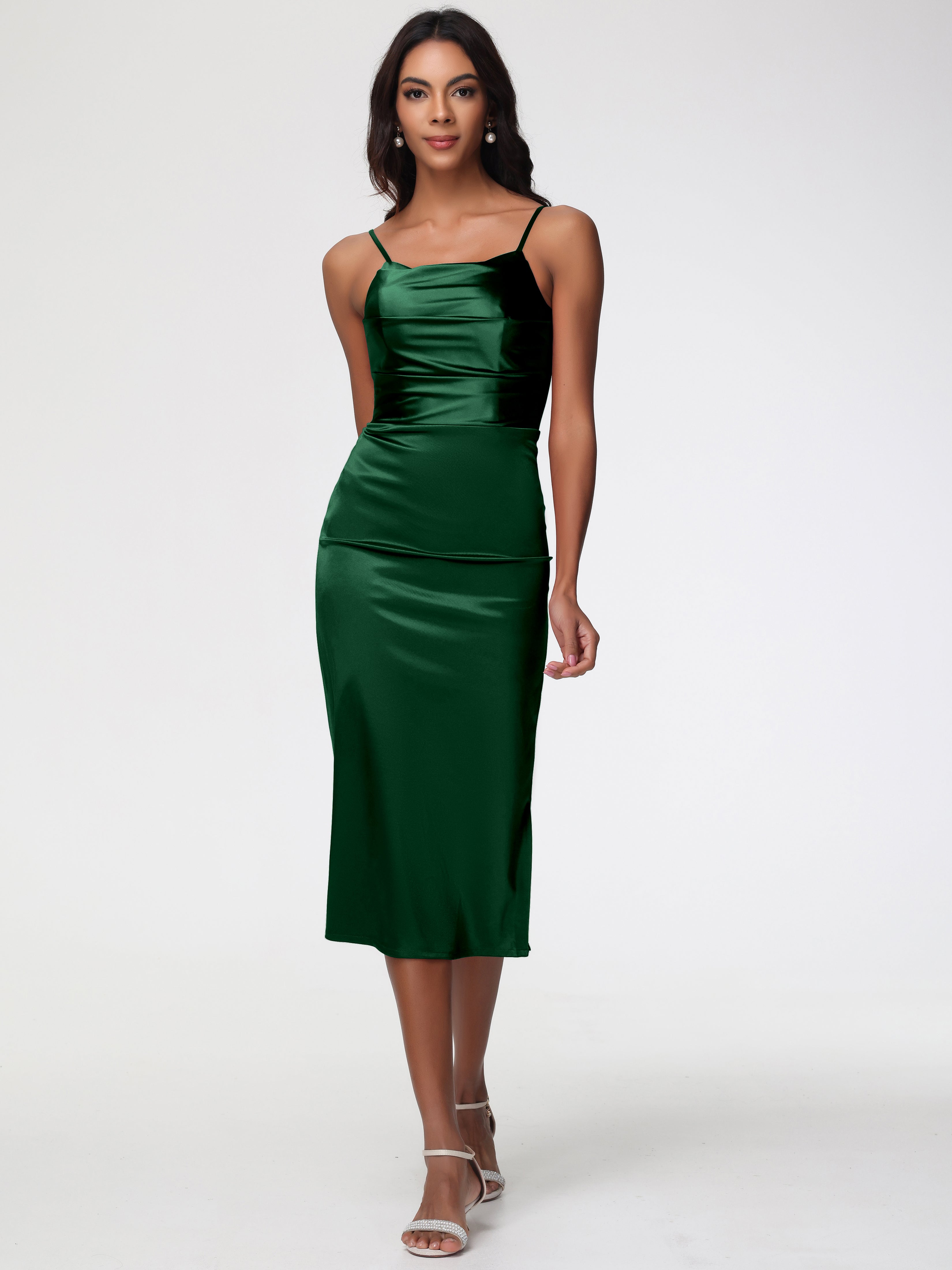 Demoiselle D'Honneur Vert Foncé Col Bénitier Satin Extensible Robe Fourreau Demoiselle D'Honneur Mi Longue